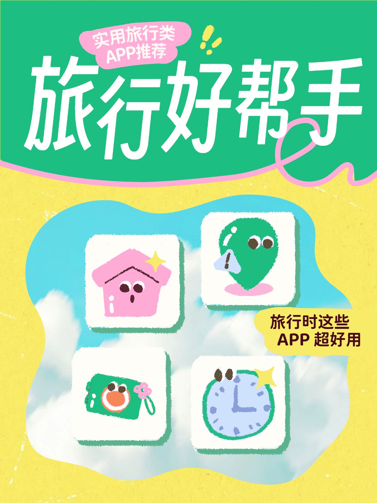 简约卡通风黄绿色通用类交流分享好用的旅行app小红书封面