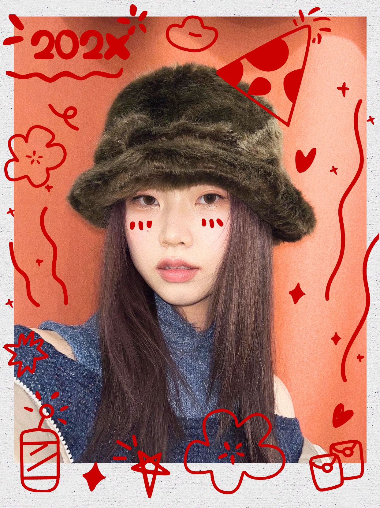 手绘实景风红色通用类晒照分享小年拼图晒照