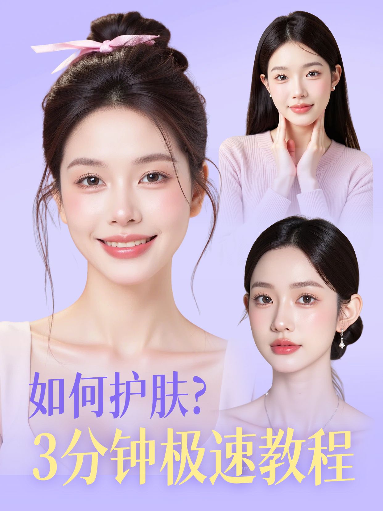 简约时尚风紫色美妆护肤类3分钟极速护肤教程小红书视频封面