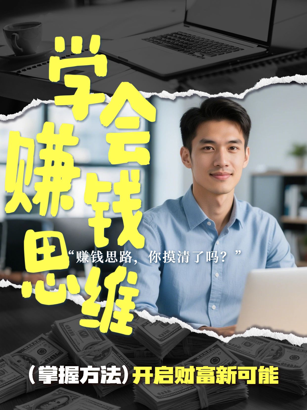 拼贴实景风黄色黑色交流分享如何培养赚钱思维小红书视频封面
