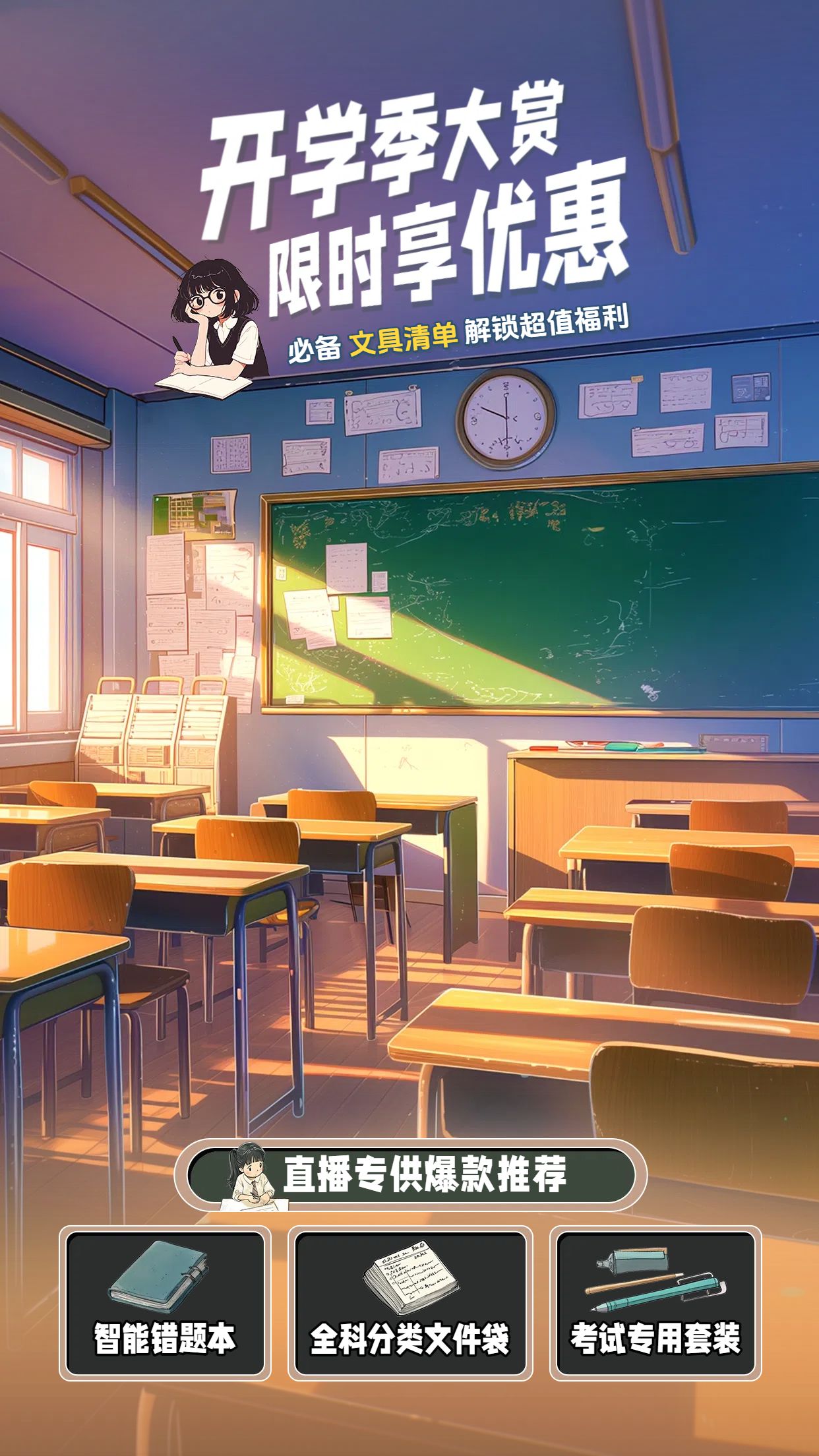 插画风绿色营销带货开学季文具营销直播间背景