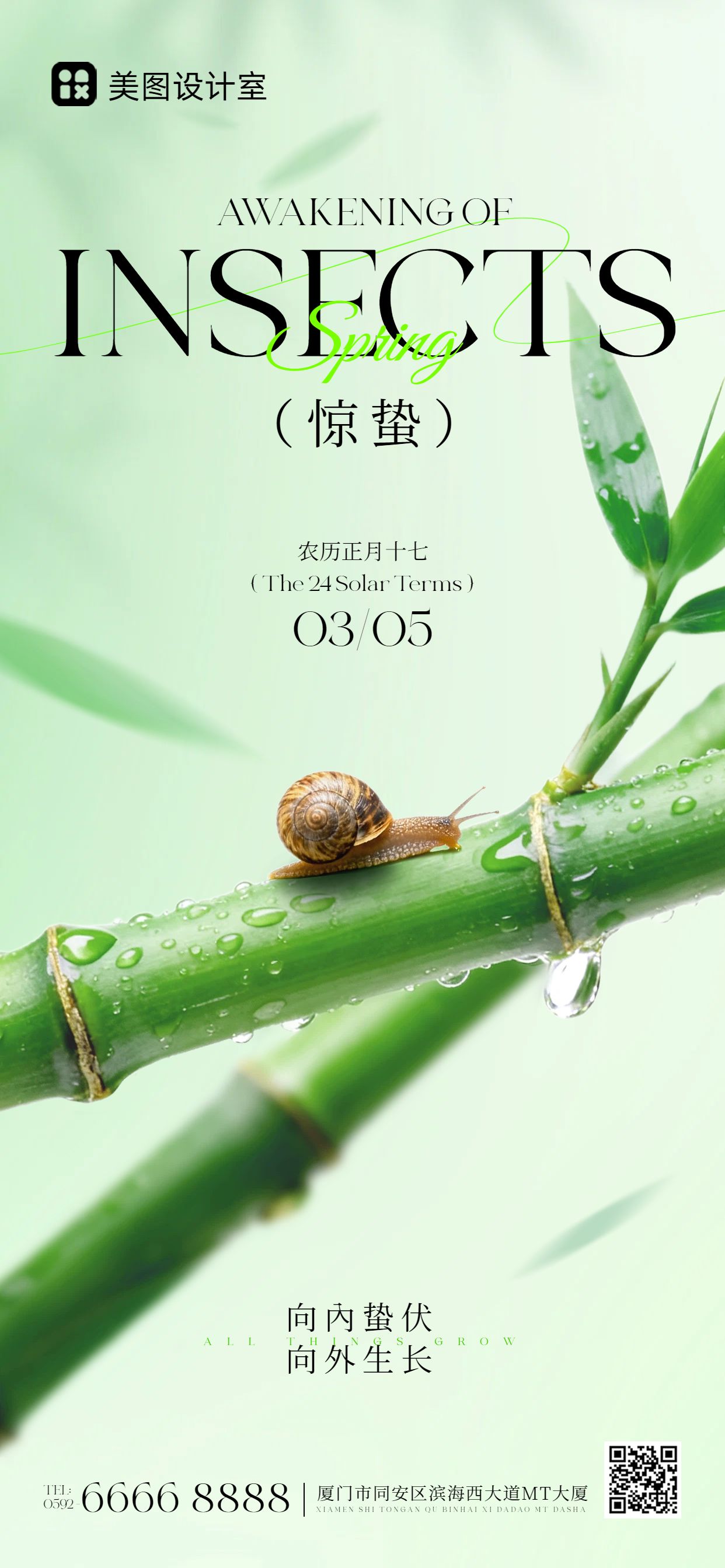 清新风绿色通用类惊蛰祝福问候手机全屏海报