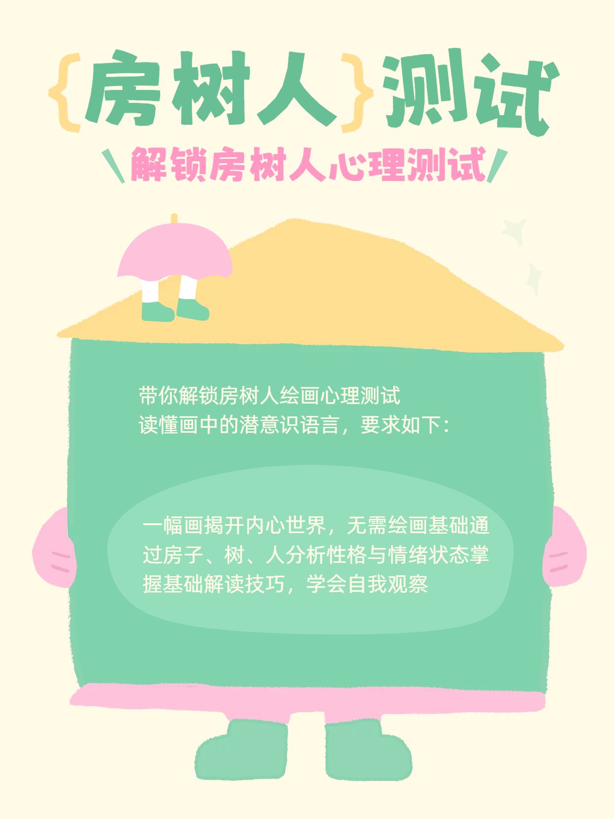 简约卡通风黄绿色通用类交流分享心理科普房树人测试小红书封面