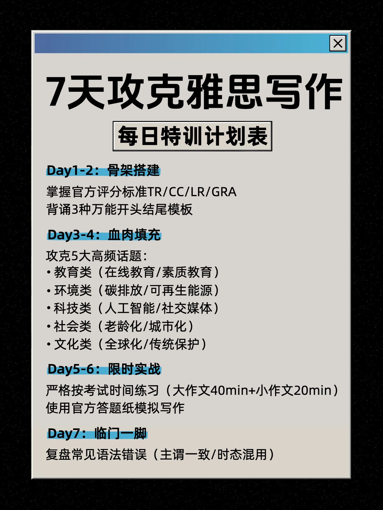 时尚风蓝色通用类交流分享一周速提雅思写作秘籍小红书内页