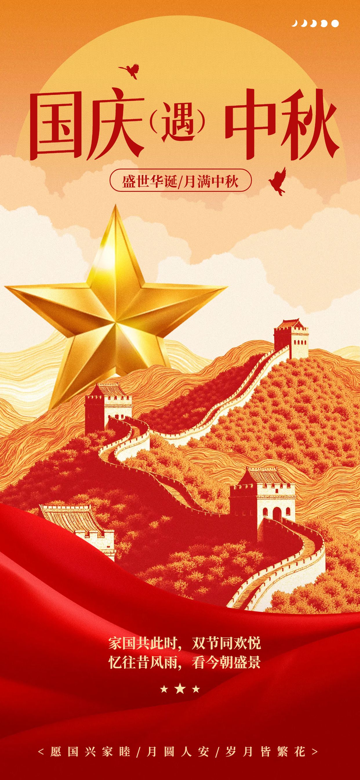 中国风橙红色通用类国庆节节日祝福问候手机全屏海报