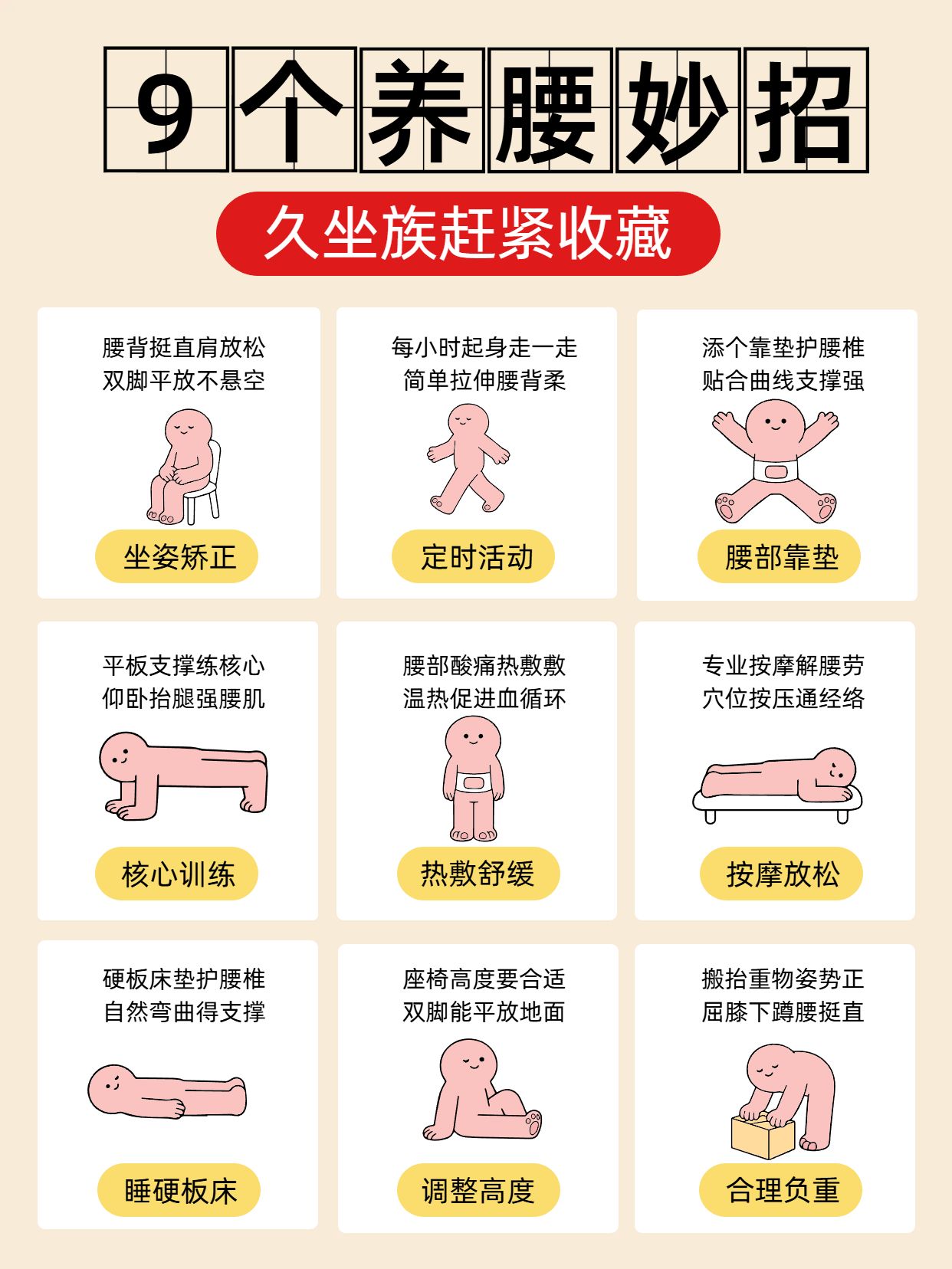 简约卡通风黄色交流分享久坐的人狠狠养腰小红书封面