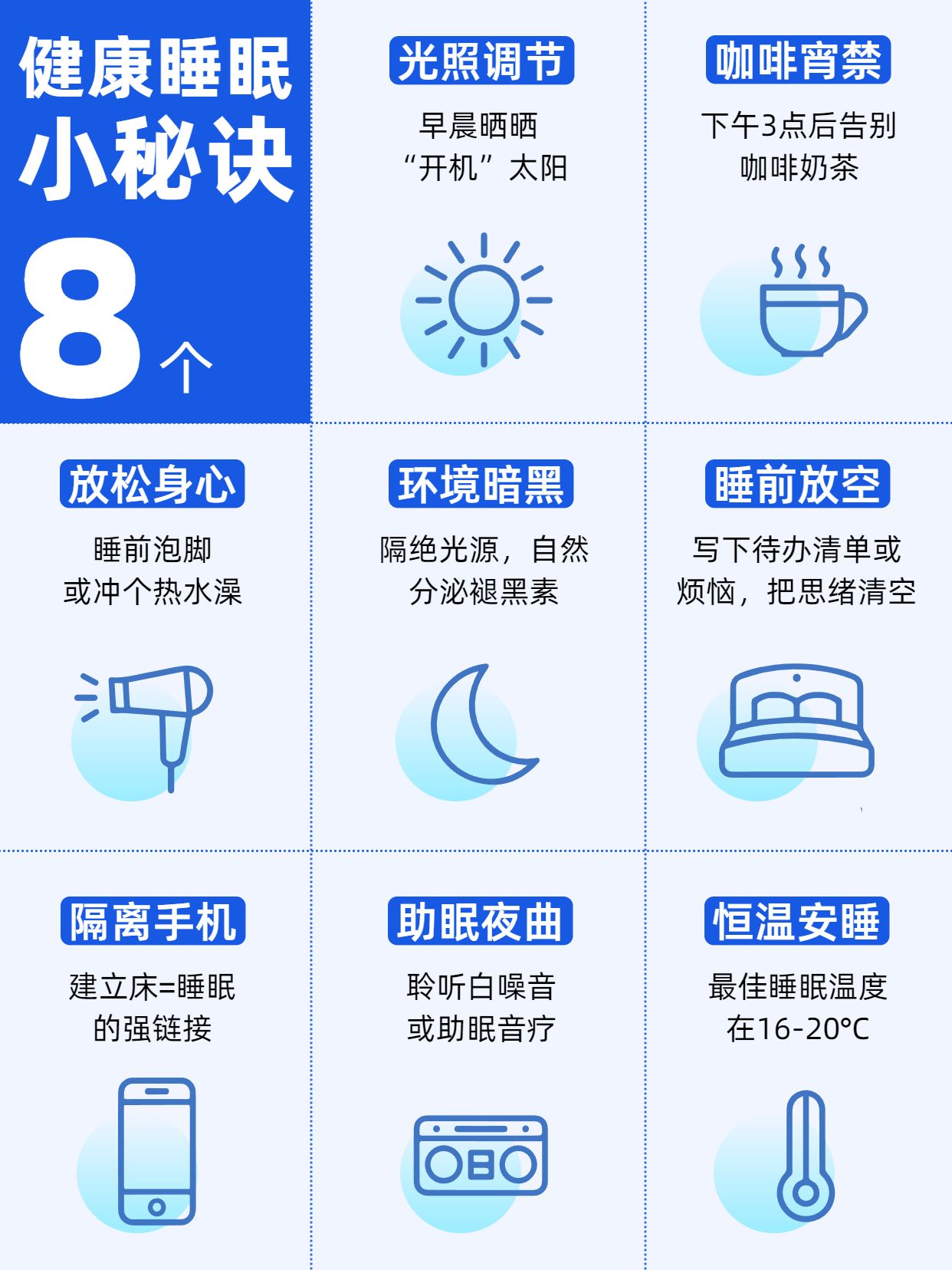 简约卡通风蓝色通用类交流分享8个健康睡眠的小秘诀小红书封面