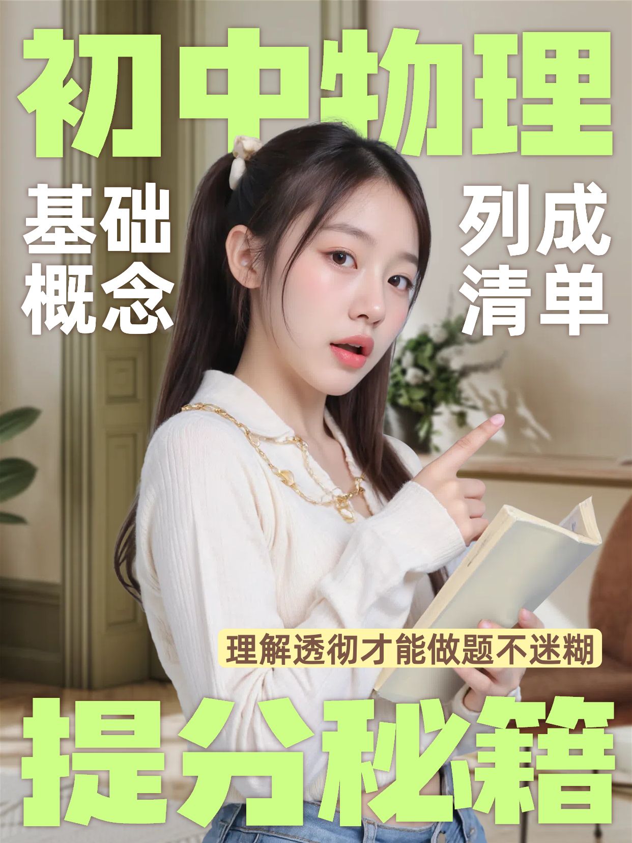 实景风黄绿色交流分享初中物理怎么提分小红书竖版视频封面