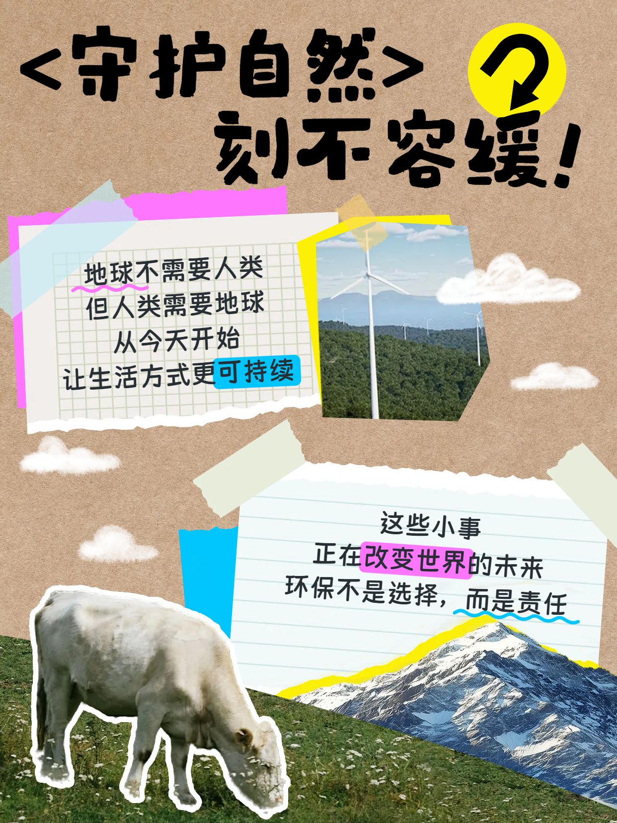 拼贴风黄色交流分享金句语录呼吁保护自然语句分享小红书封面