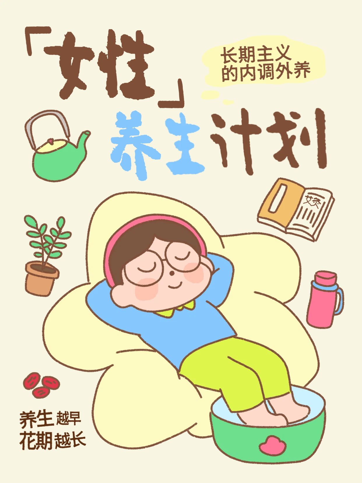 手绘风黄色医疗保健干货科普女性养生计划小红书封面