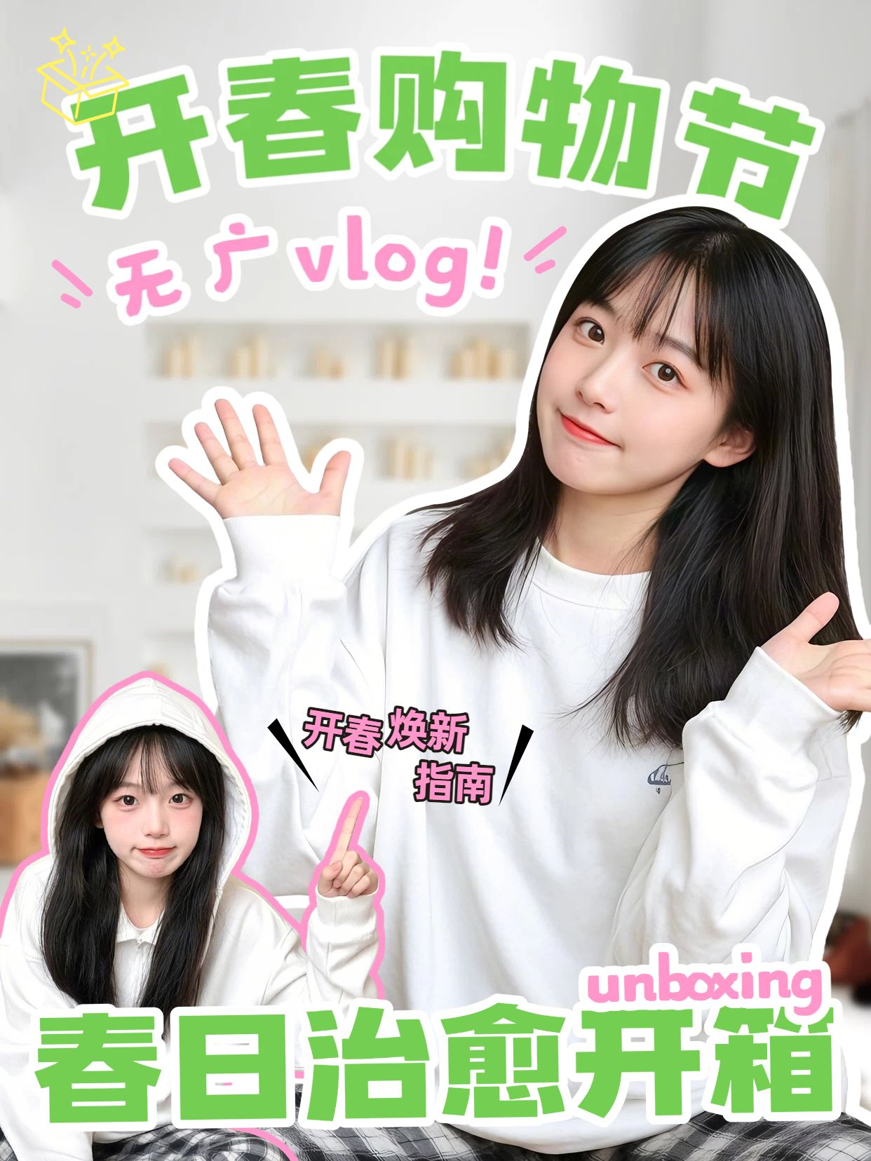 清新风通用类个人娱乐开春购物节开箱vlog小红书封面