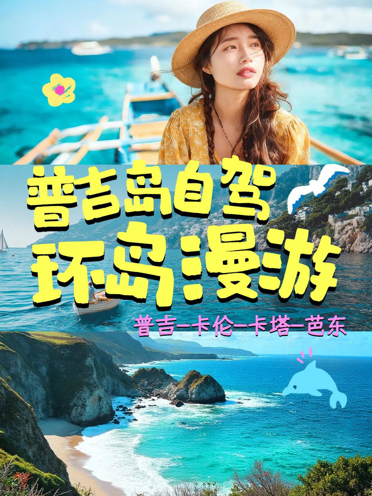 拼贴实景风蓝色黄色交流分享普吉岛旅行记录小红书竖版视频封面