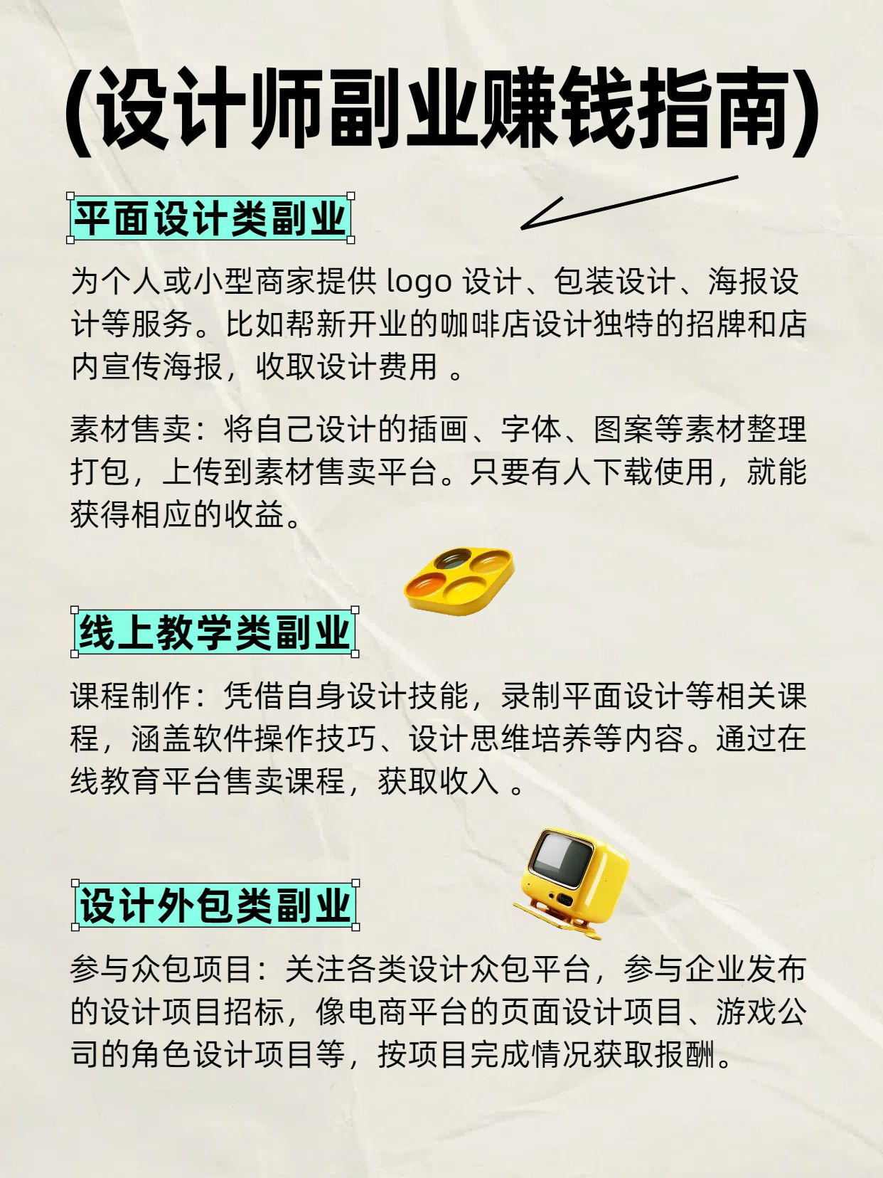 简约3D风黄色交流分享设计师能靠什么副业赚钱小红书内页