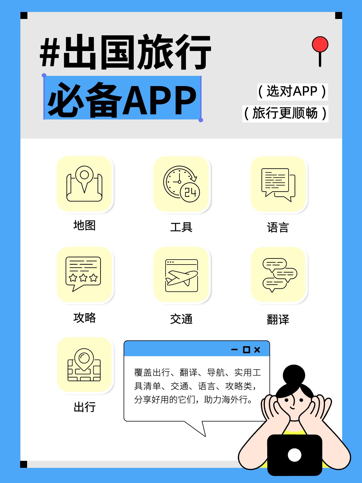 简约风蓝色旅游出行交流分享出国旅行必备APP分享小红书封面