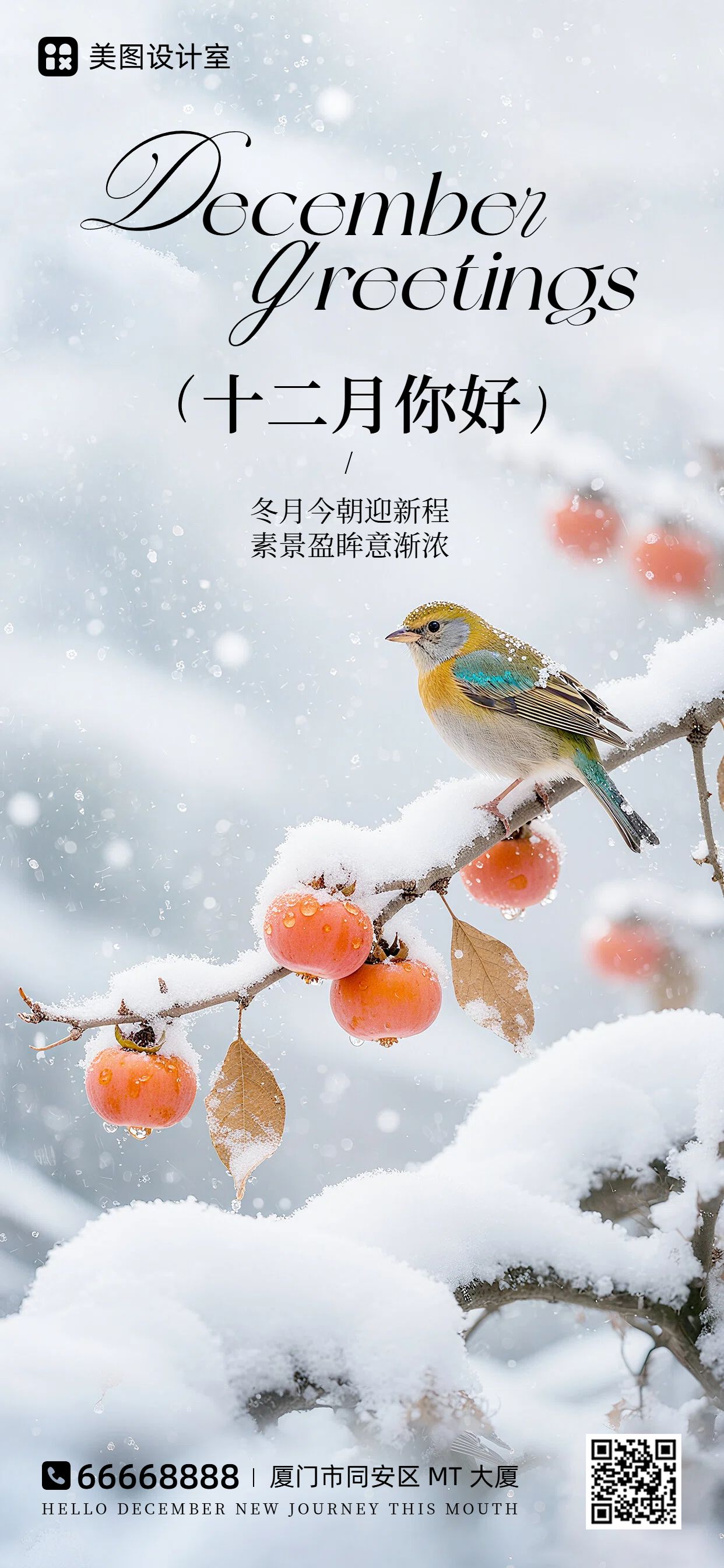 实景风橙白色通用类12月你好月签问候手机全屏海报