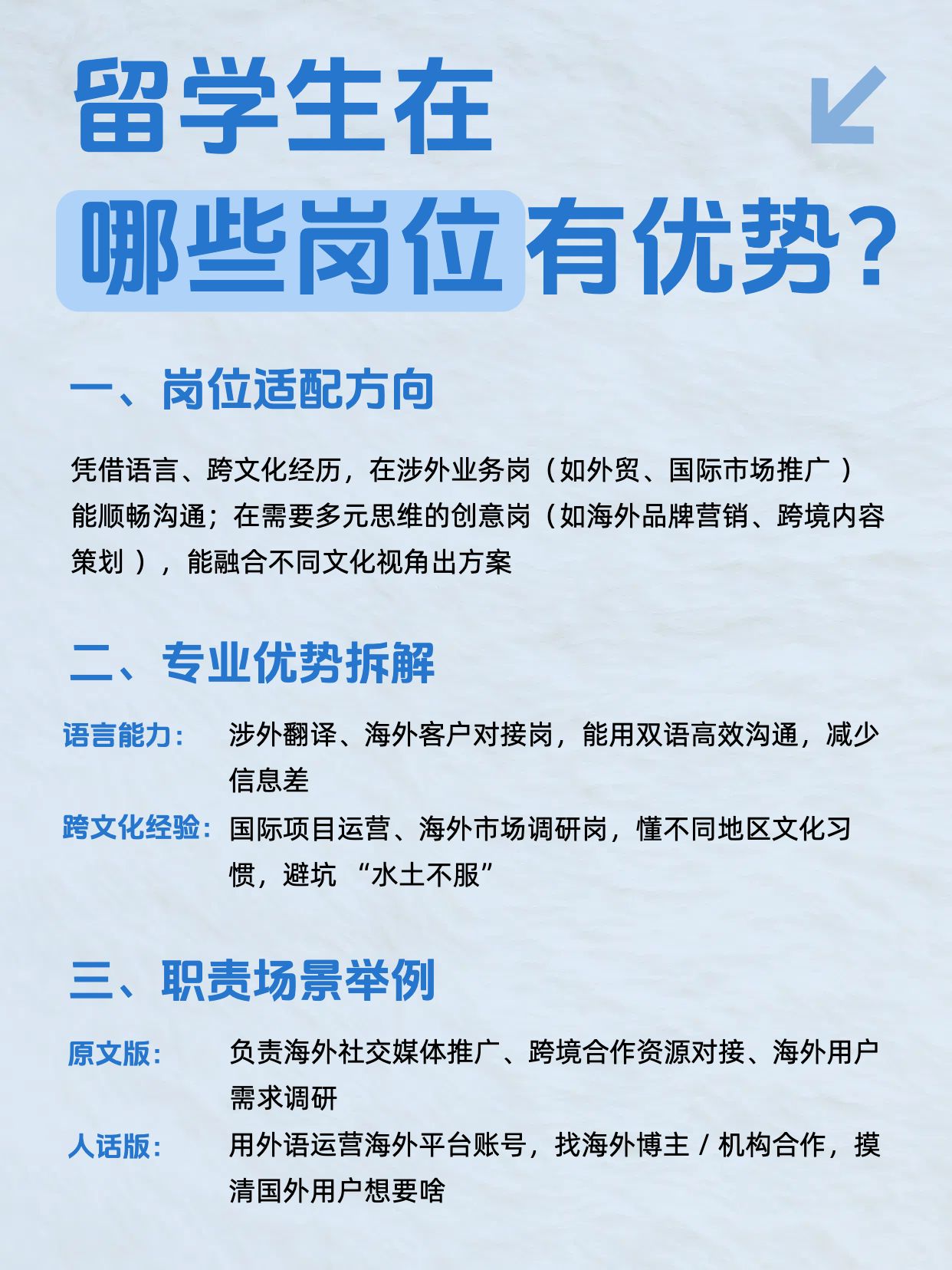 简约风通用类交流分享蓝色留学生在哪些岗位有优势小红书内页
