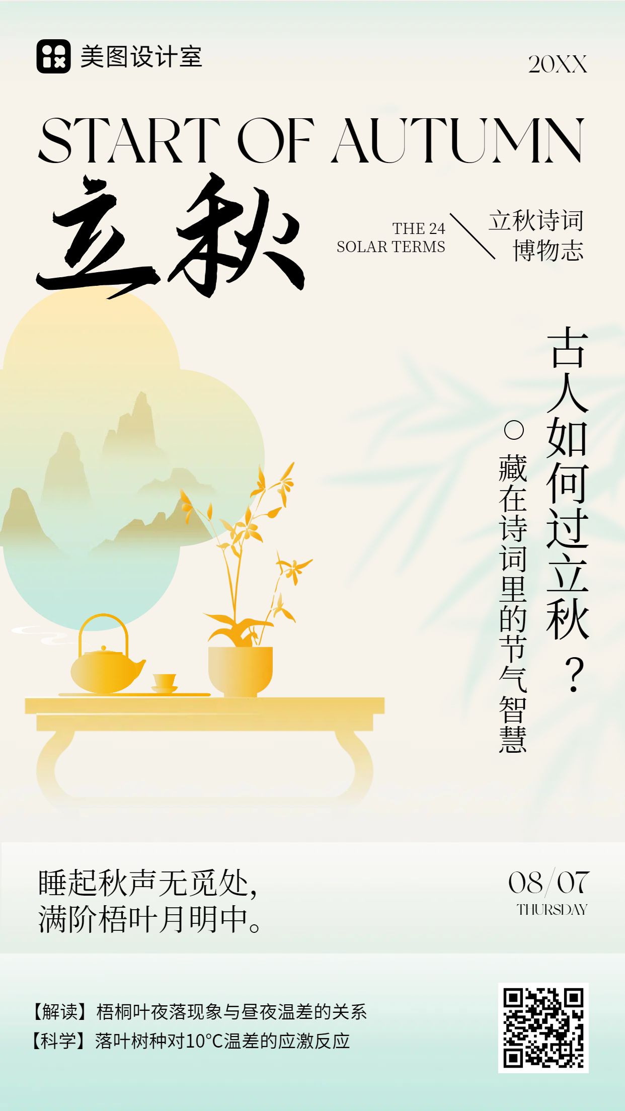 黄绿色中国风通用类立秋节气知识科普手机海报