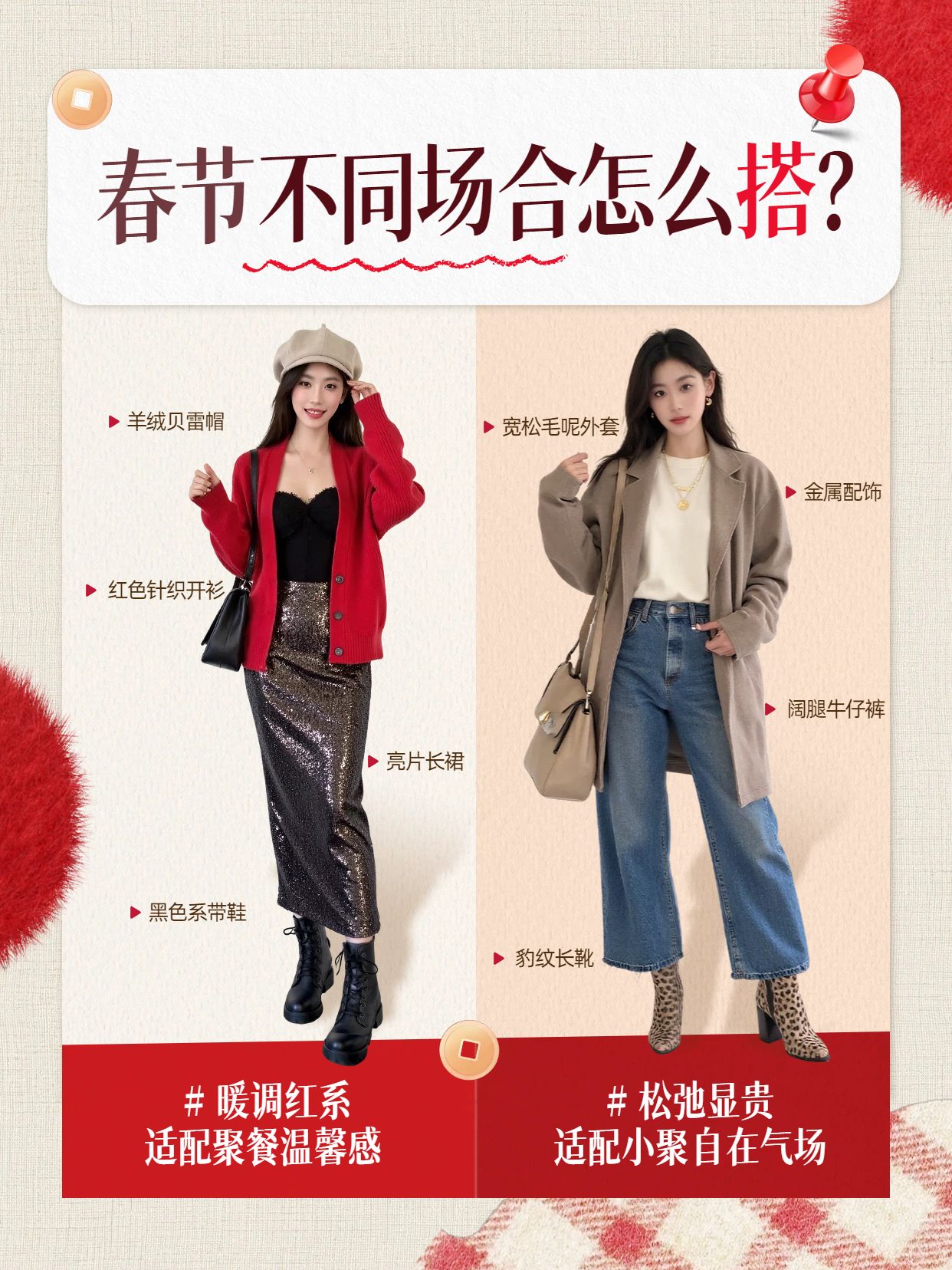 时尚风红色鞋服箱包类交流分享新年战袍分享春节小红书封面