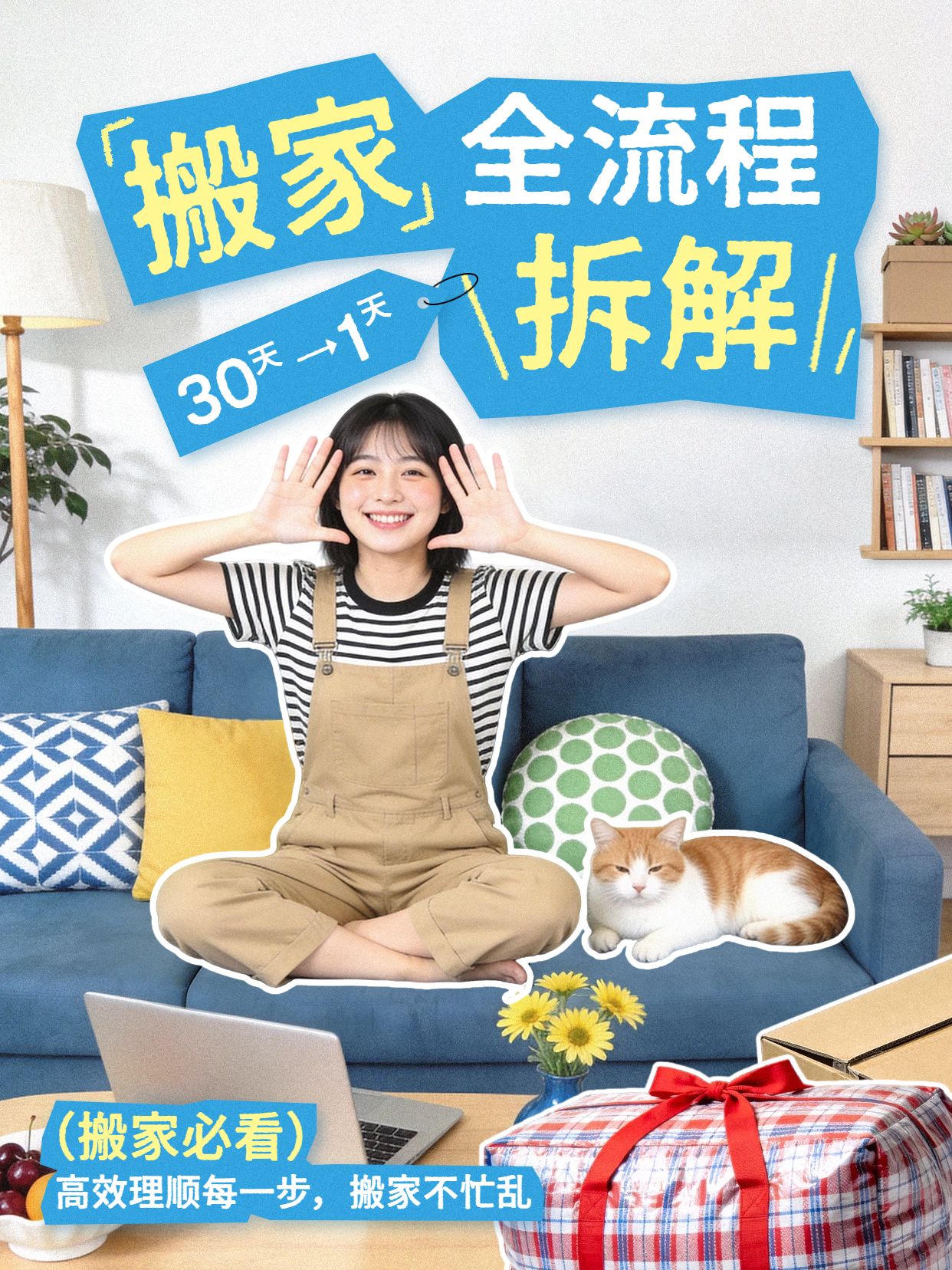 拼贴风蓝色黄色通用类交流分享搬家全流程拆解小红书封面