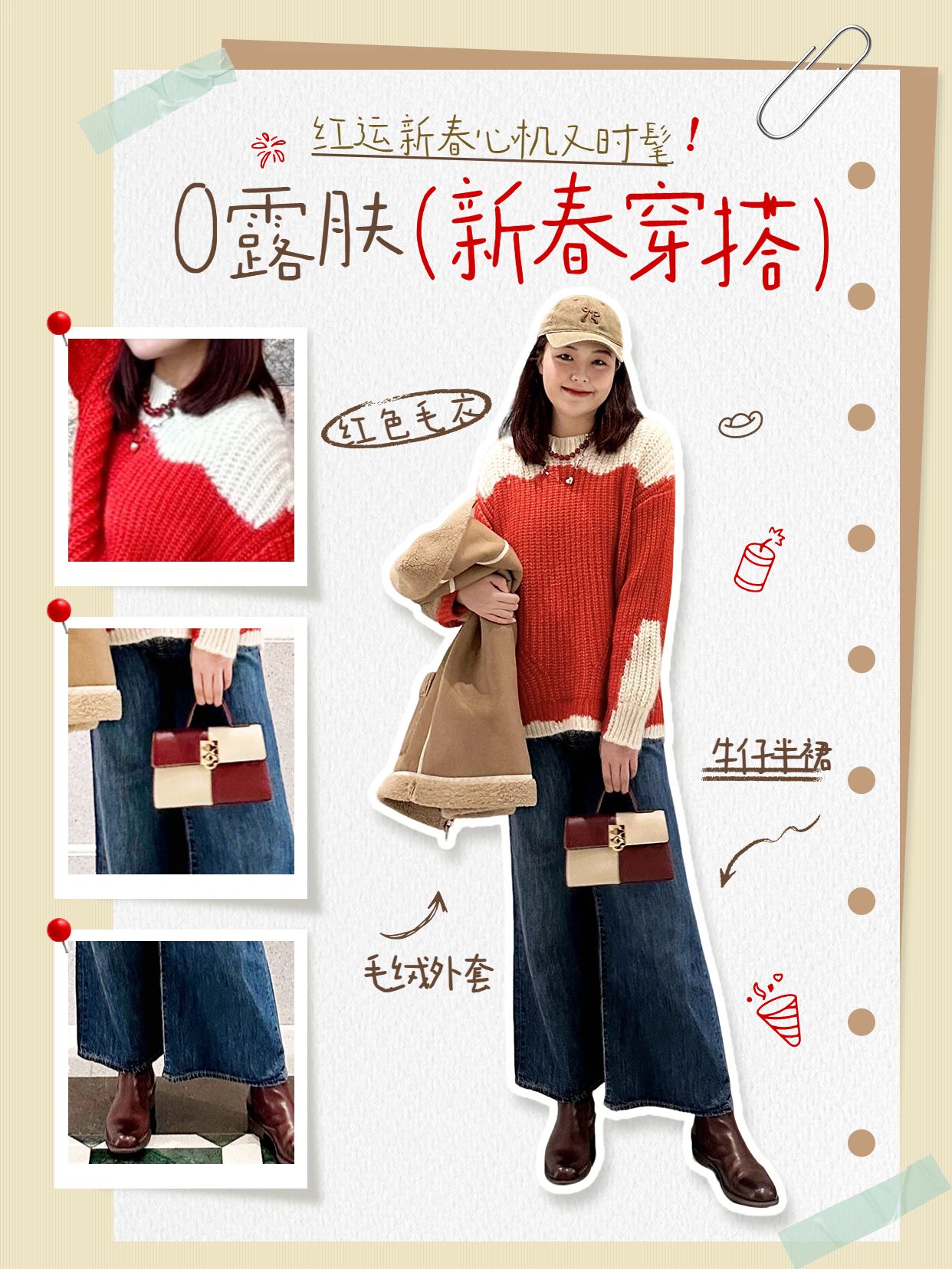 时尚风红黄色鞋服箱包类交流分享0露肤的新春穿搭小红书封面