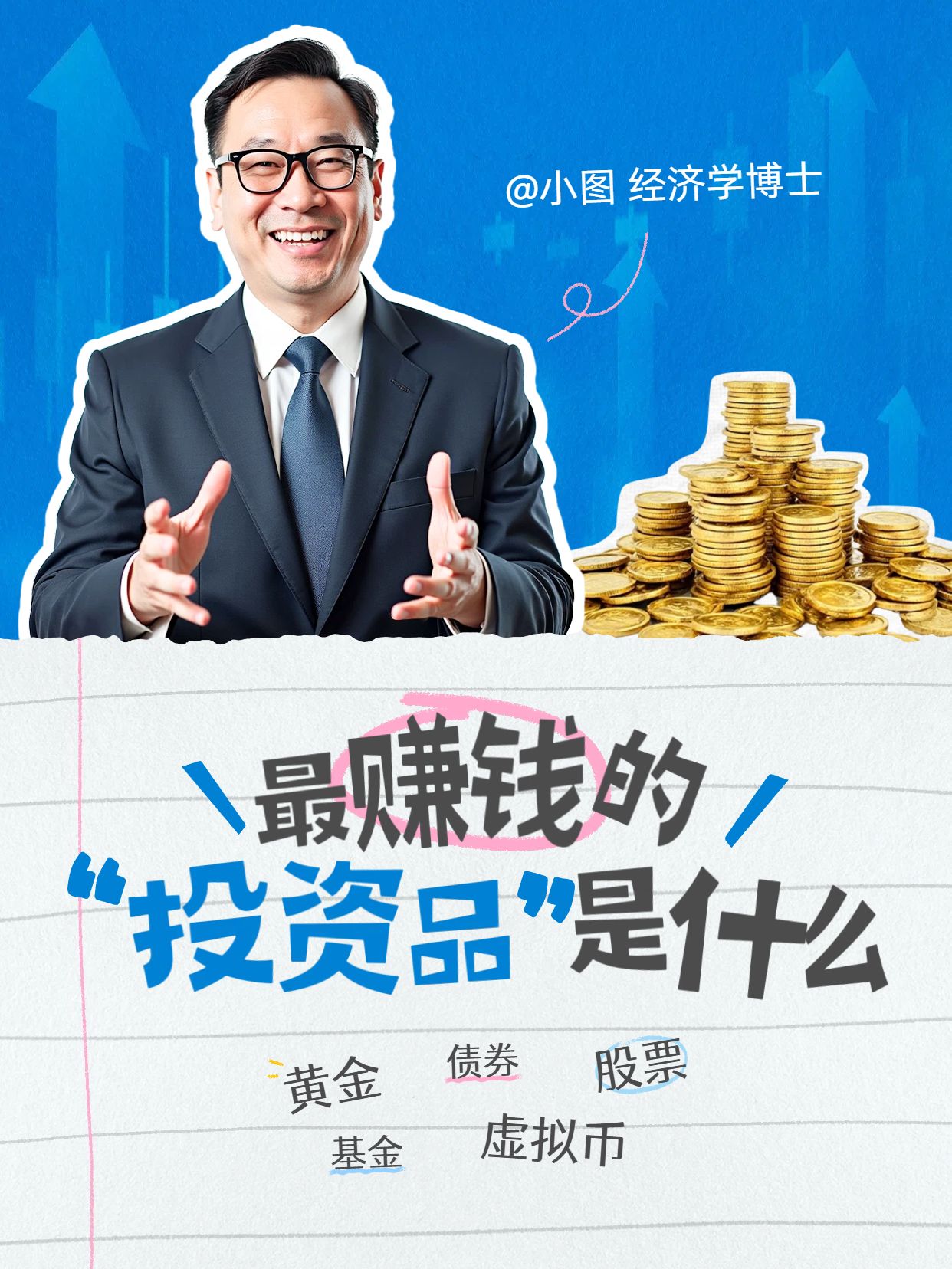 拼贴风蓝金色交流分享最赚钱的投资品是什么小红书视频封面