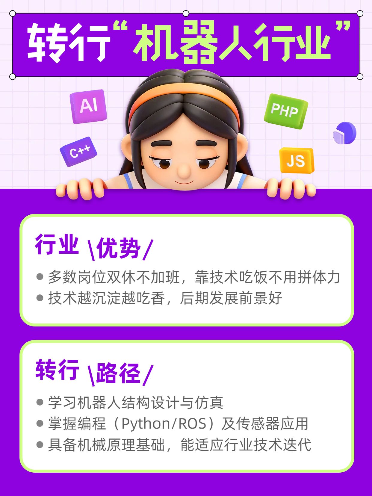 卡通3D风紫色通用类交流分享如何转行机器人行业小红书封面