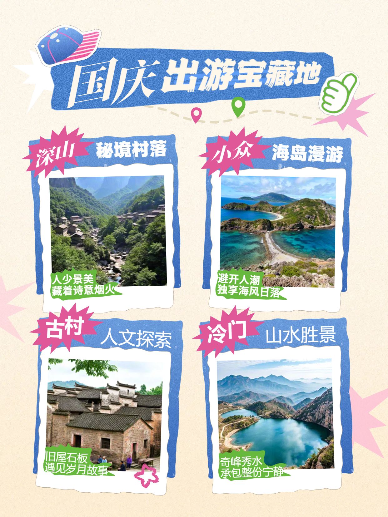 时尚拼贴风蓝色旅游出行类国庆出游小众宝藏景点推荐小红书封面