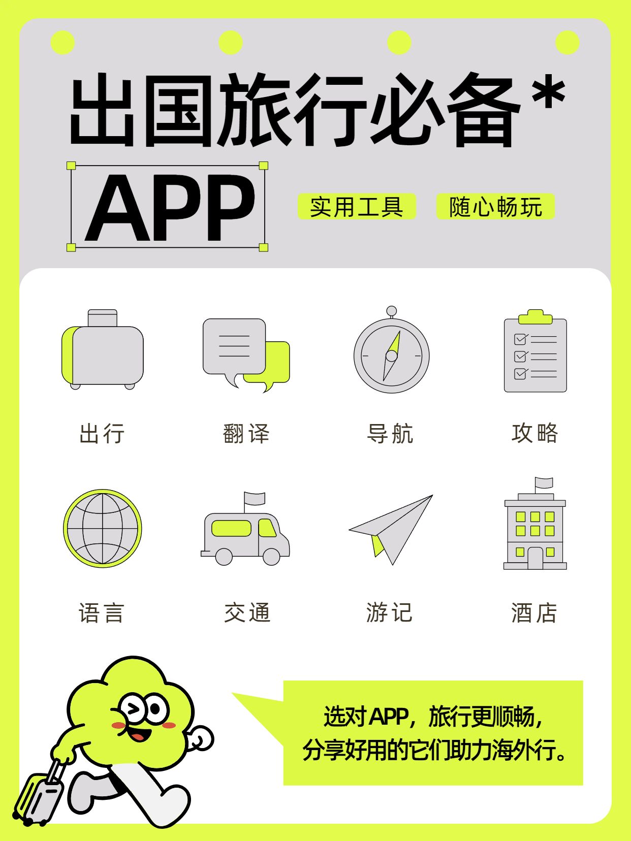 简约风黄绿色旅游出行干货分享出国旅行必备APP分享小红书封面