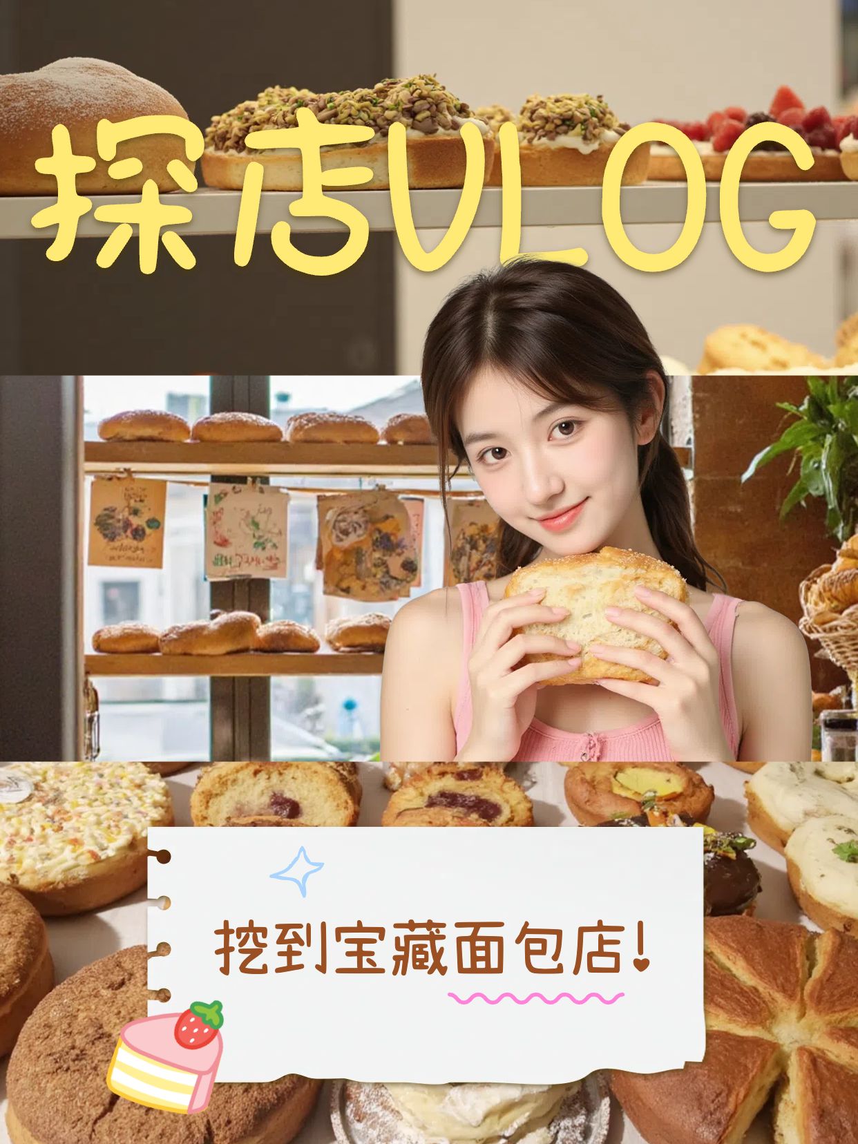 实景风黄色通用类交流分享面包店探店vlog小红书竖版视频封面