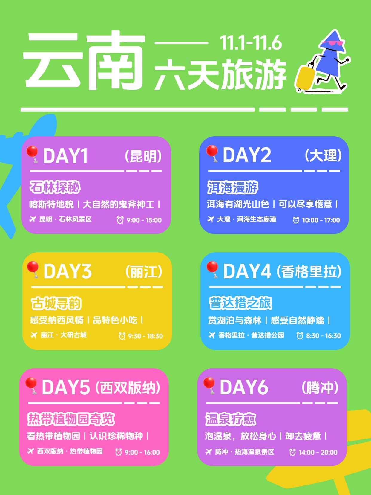 简约卡通风粉色绿色旅游出行类云南六天旅游安排表小红书封面