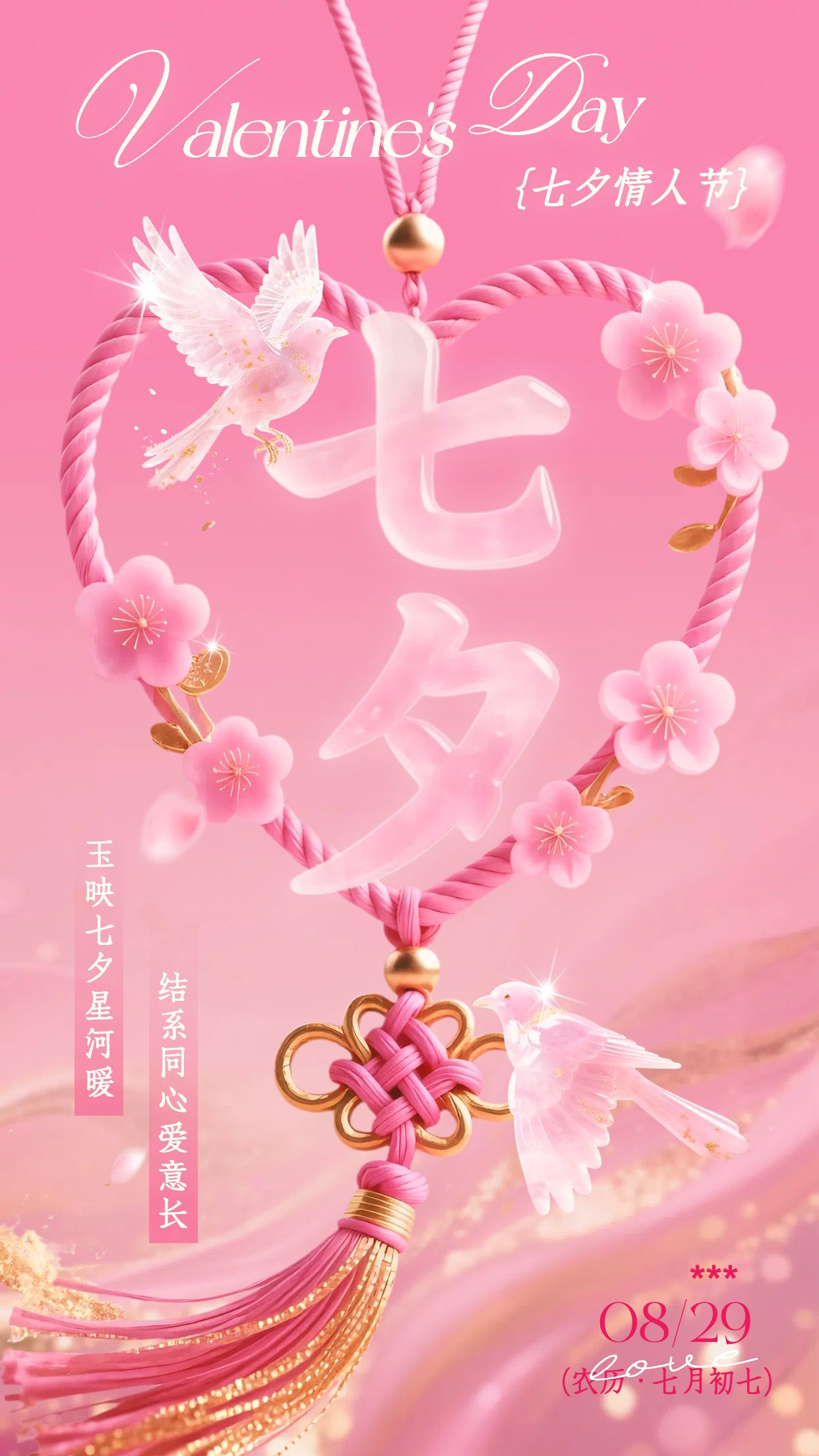 时尚风粉色通用类祝福问候七夕节同心结祝福手机全屏海报