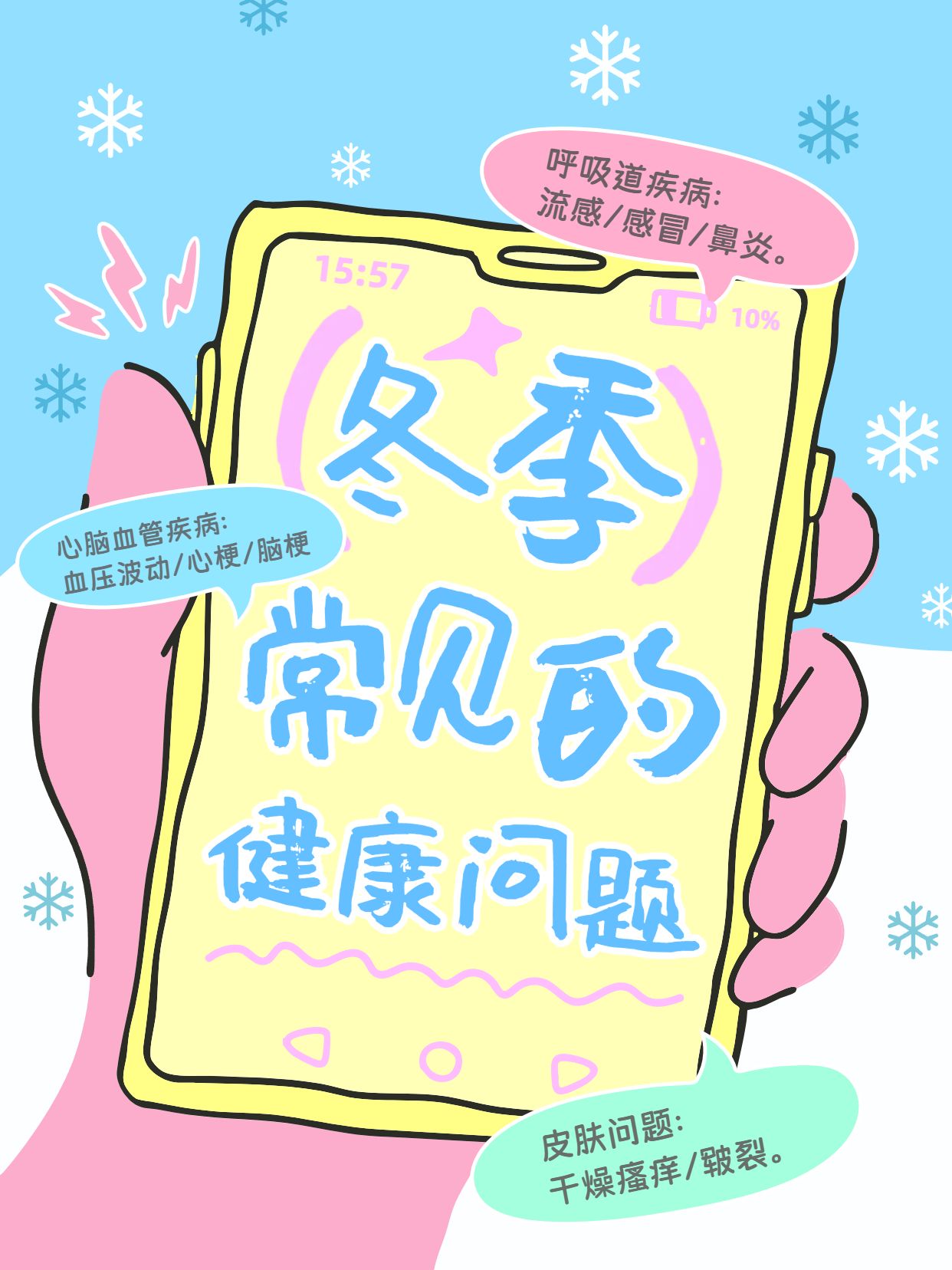 简约手绘风黄色粉色通用类交流分享冬季常见的健康问题小红书封面