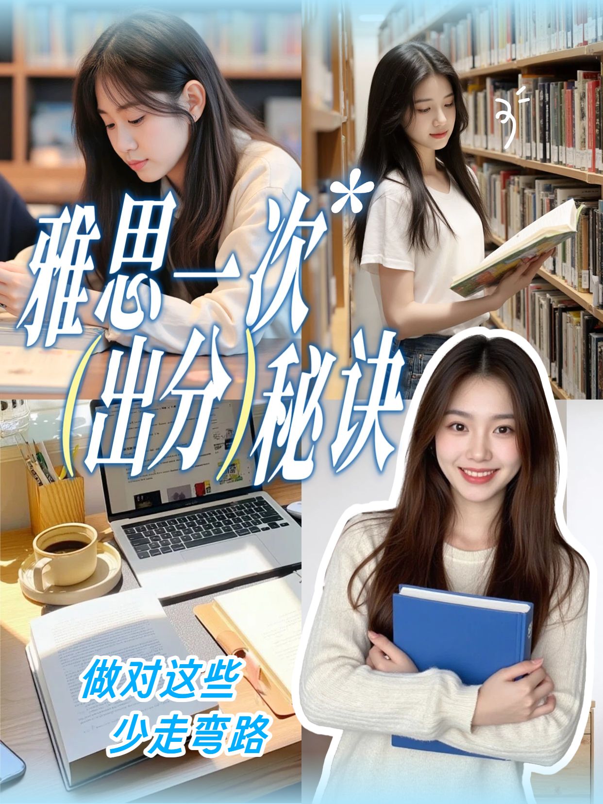 拼贴实景风蓝色教育培训类雅思一次出分秘诀小红书视频封面