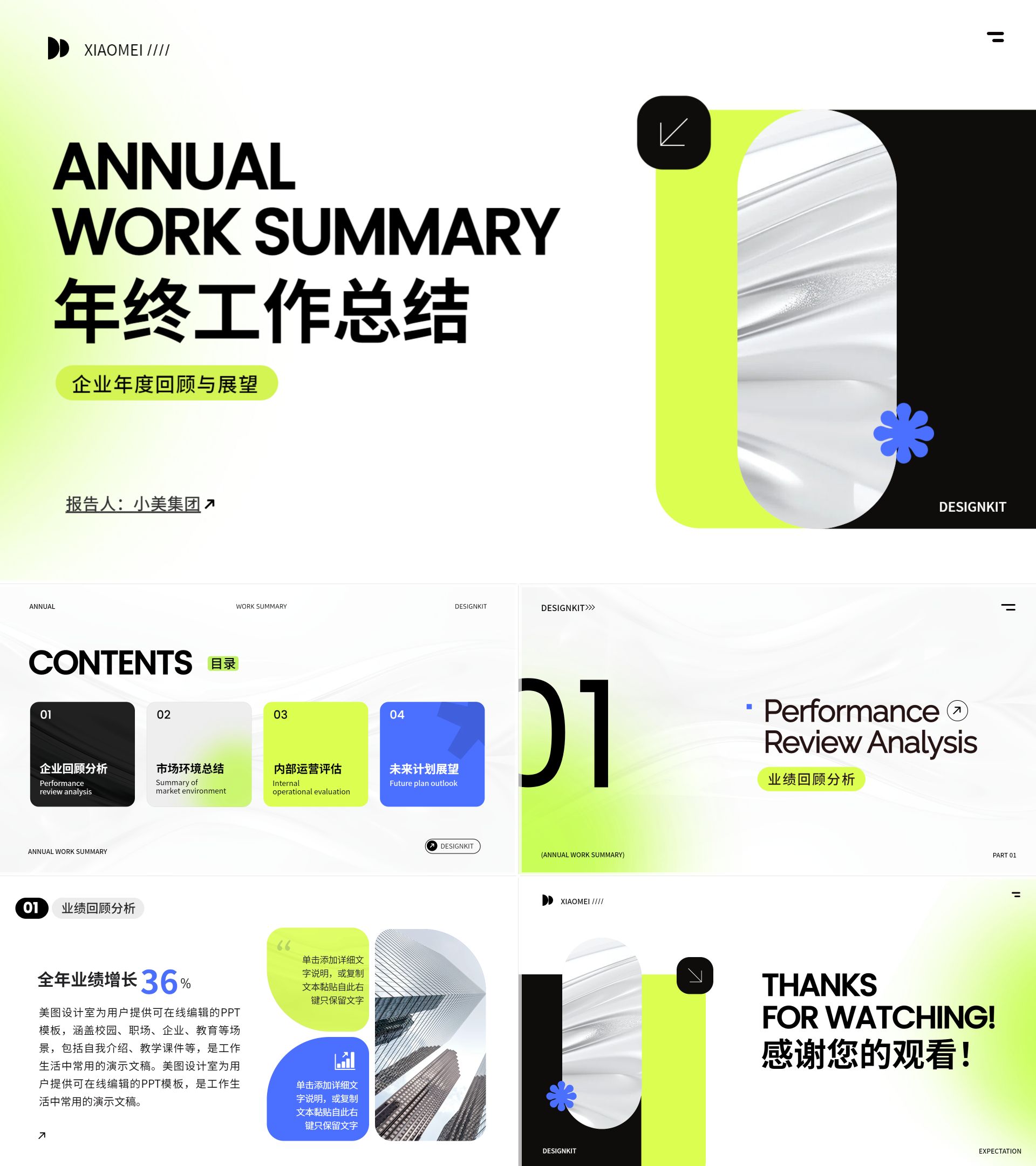 时尚黄绿色极简风年终工作总结汇报通用PPT模板