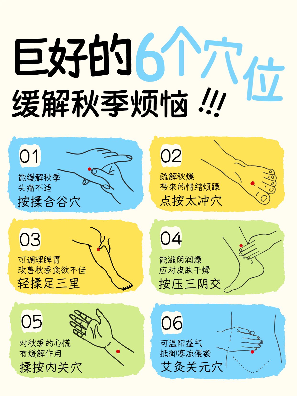简约手绘风黄色蓝色巨好用的6个穴位缓解秋季烦恼小红书封面