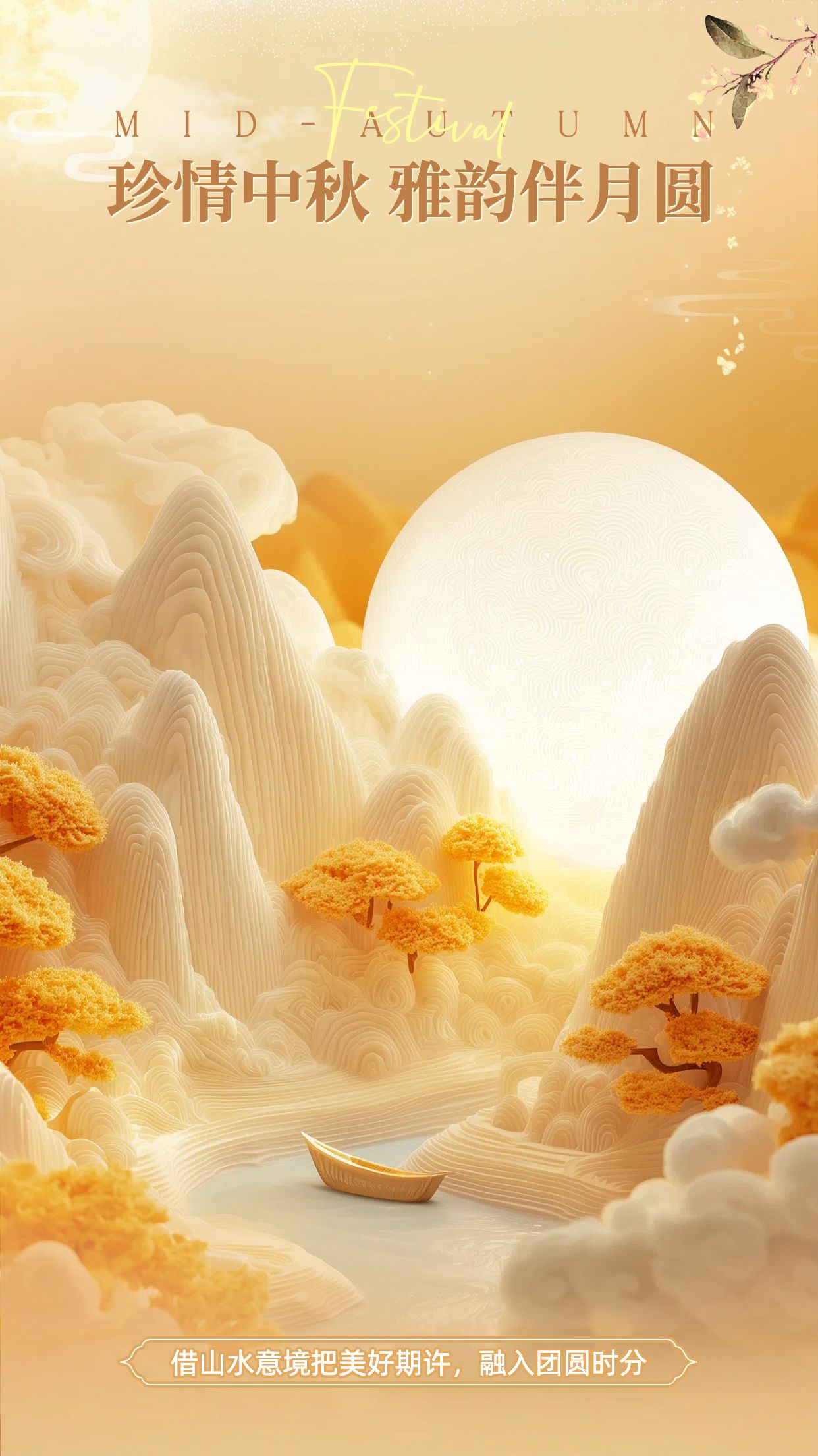 3D合成风橙黄色通用类中秋节营销带货直播间背景