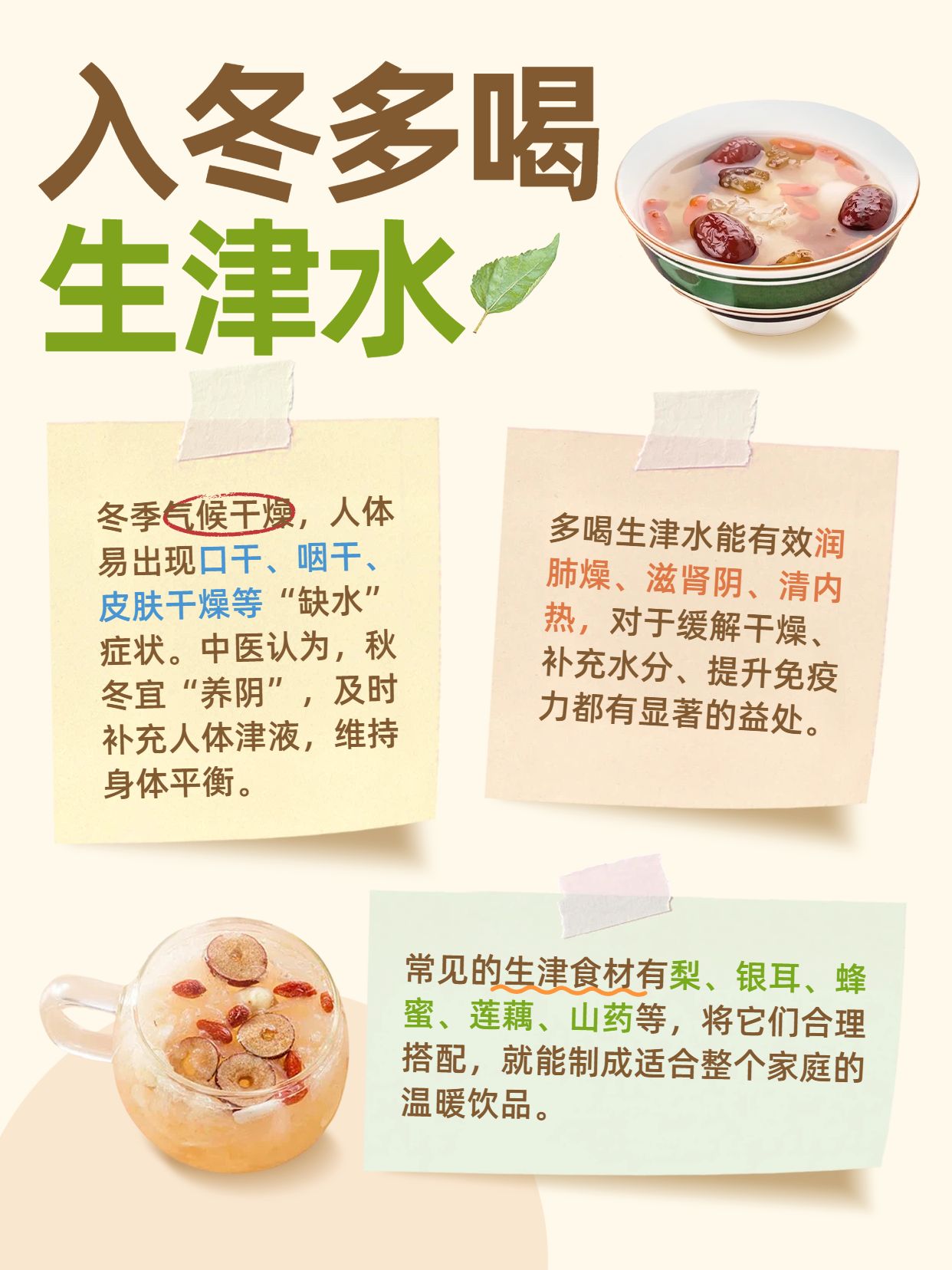 拼贴风黄色绿色交流分享入冬多喝生津水小红书内页