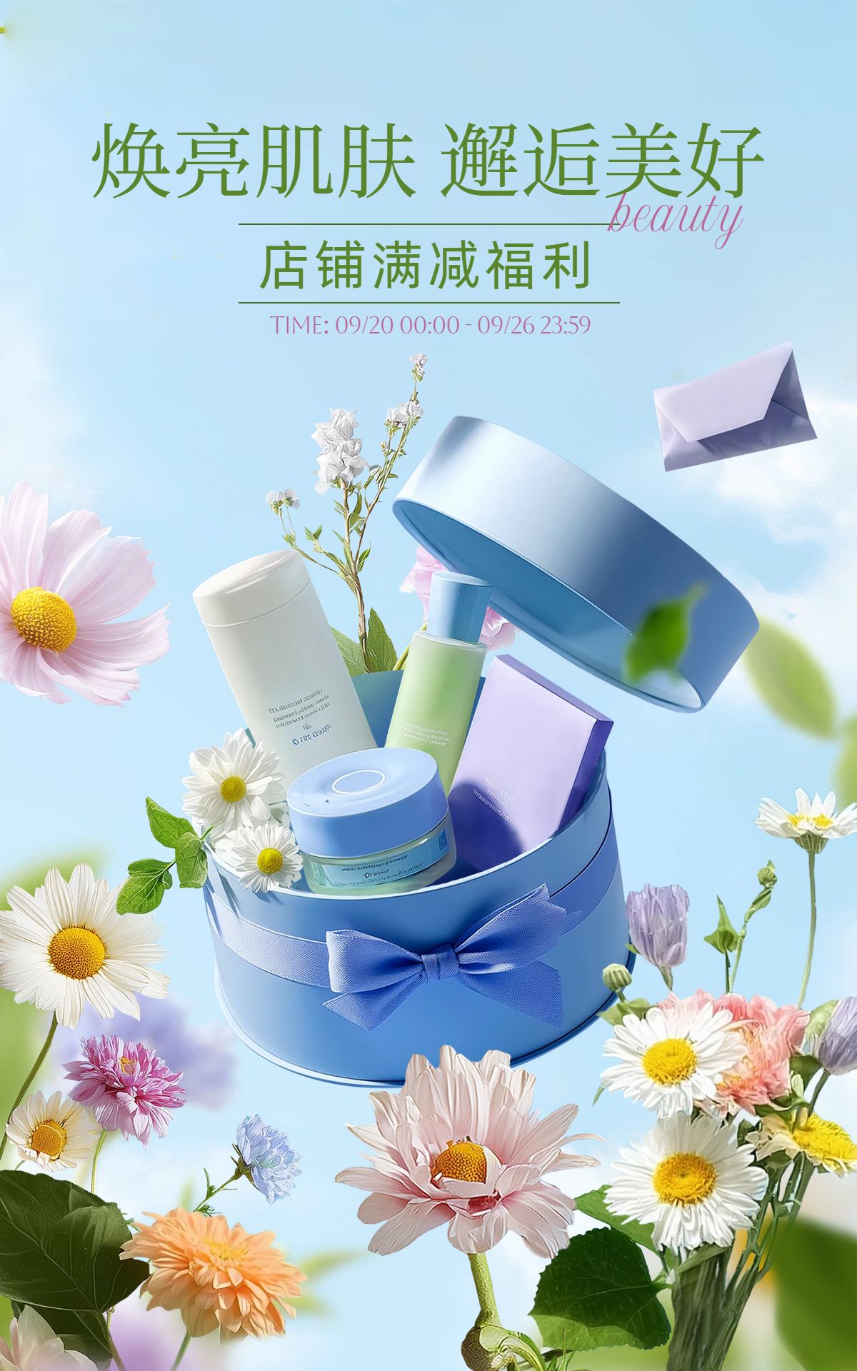 文艺风蓝黄色美妆护肤类营销带货电商竖版海报