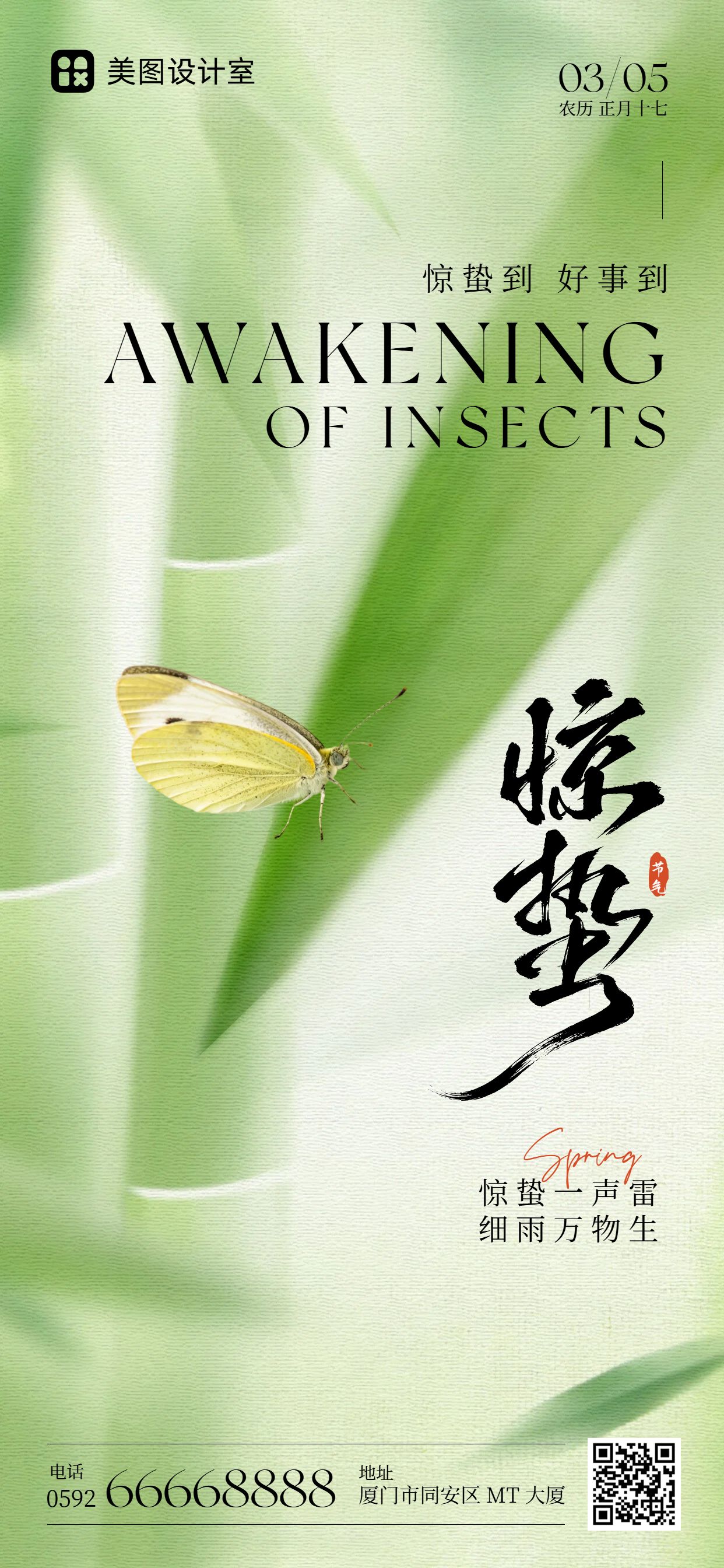 实景风绿色通用类惊蛰祝福问候手机全屏海报