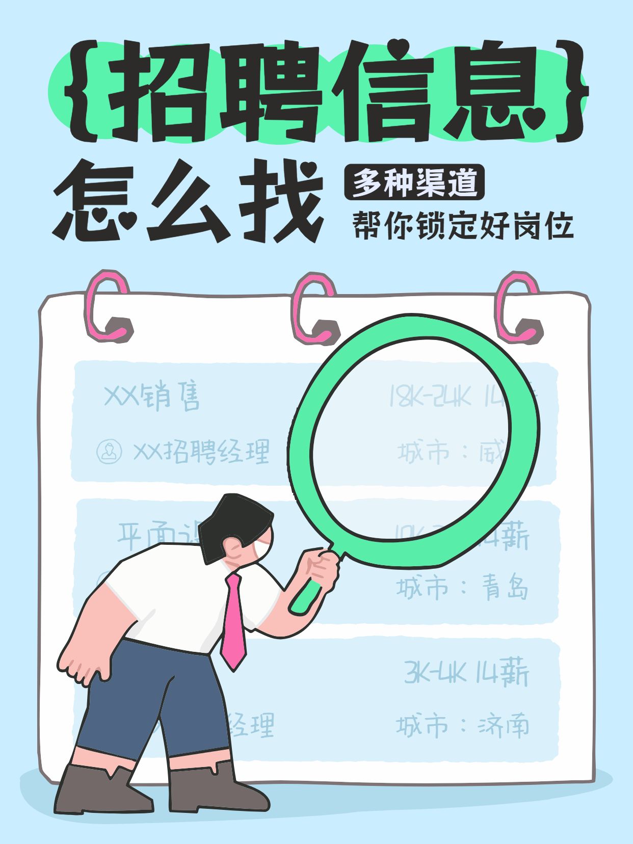 卡通风蓝绿色通用类交流分享招聘信息怎么找小红书封面