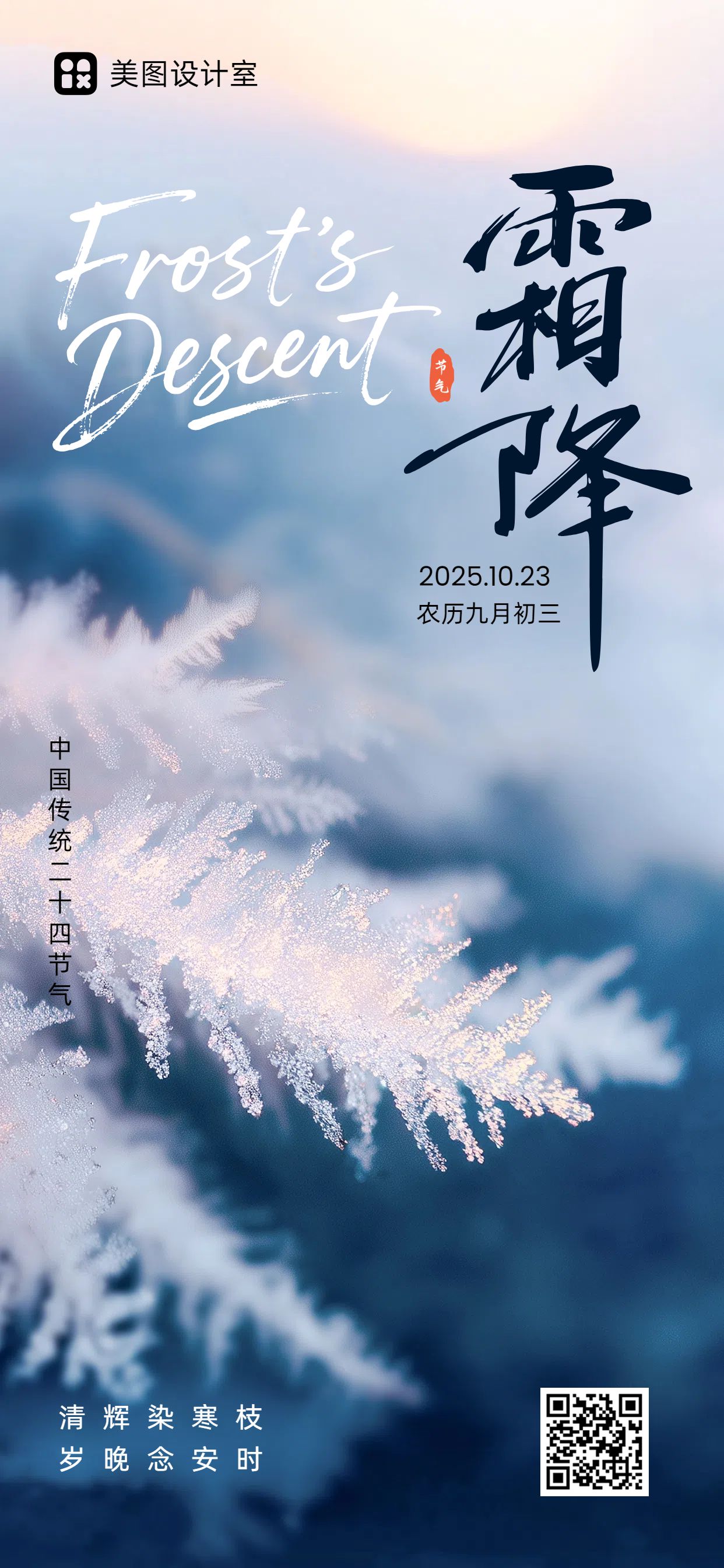 实景风深蓝色白色祝福问候霜降祝福科普手机全屏海报