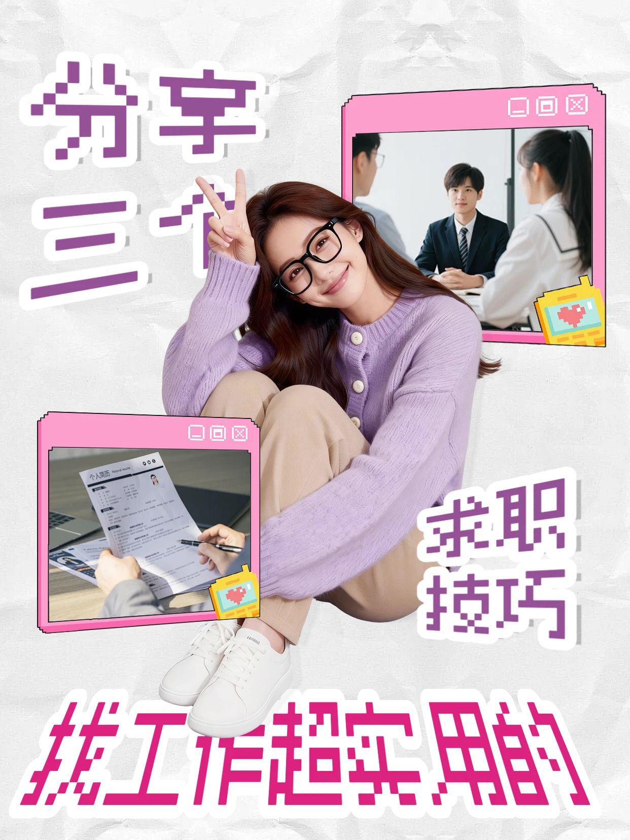拼贴风粉紫色交流分享找工作的三个妙招小红书竖版视频封面