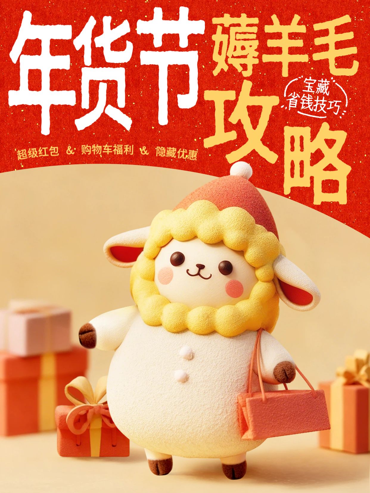 3D红黄色通用类交流分享年货节薅羊毛攻略小红书封面