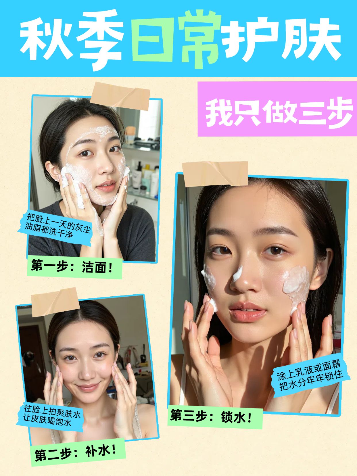 拼贴实景风黄色美妆护肤类秋季日常护肤我只做三步小红书封面