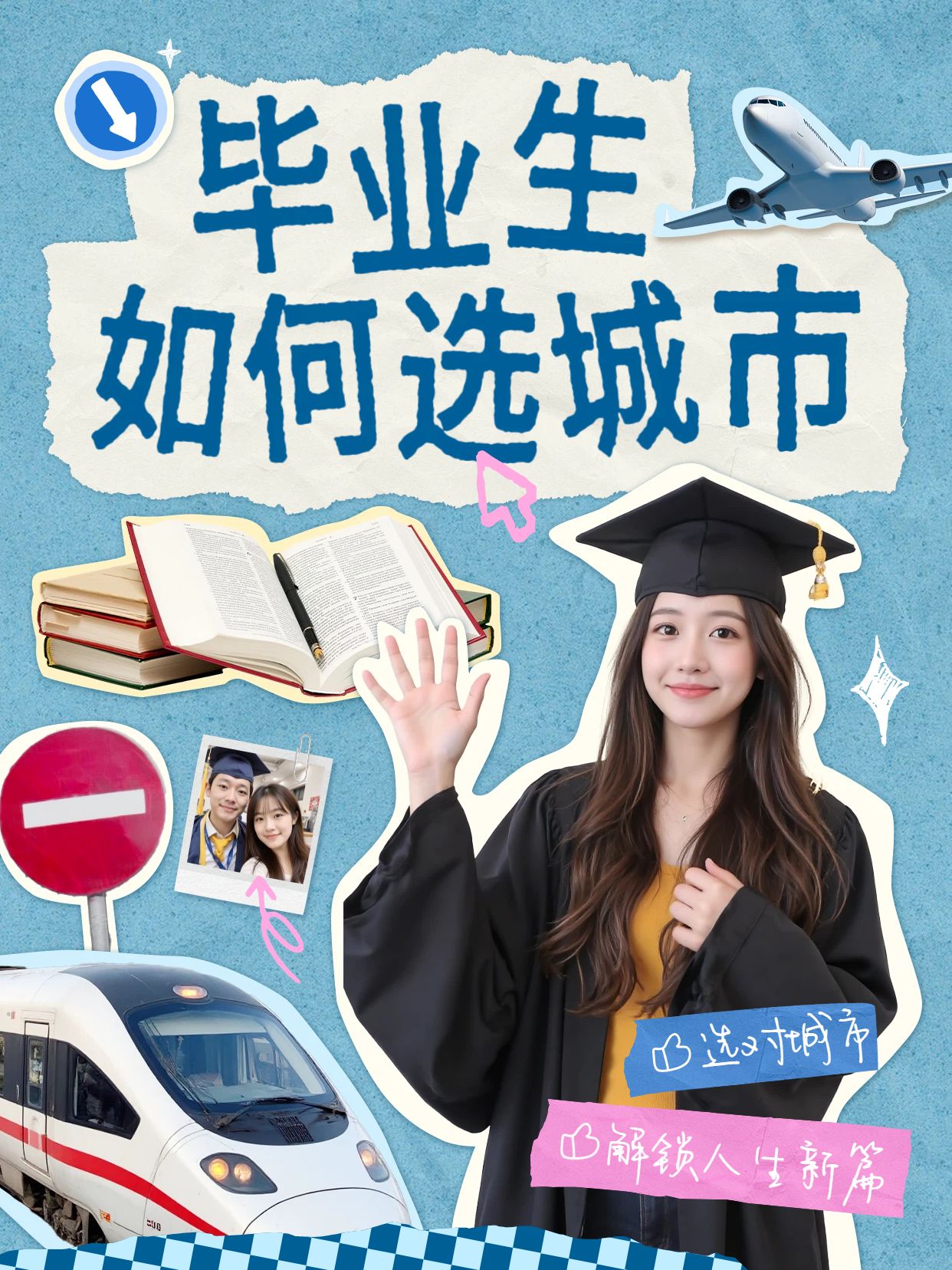 拼贴风蓝色通用类交流分享毕业如何选城市小红书视频封面