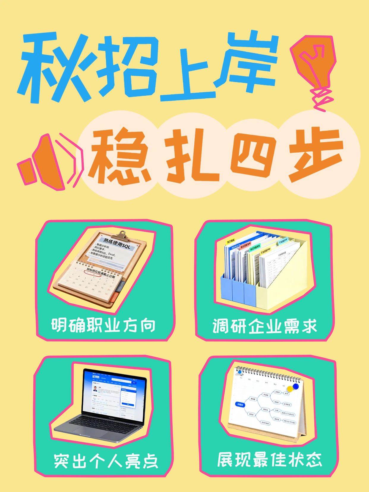 简约卡通风黄色绿色通用类交流分享秋招上岸做好这四步小红书封面