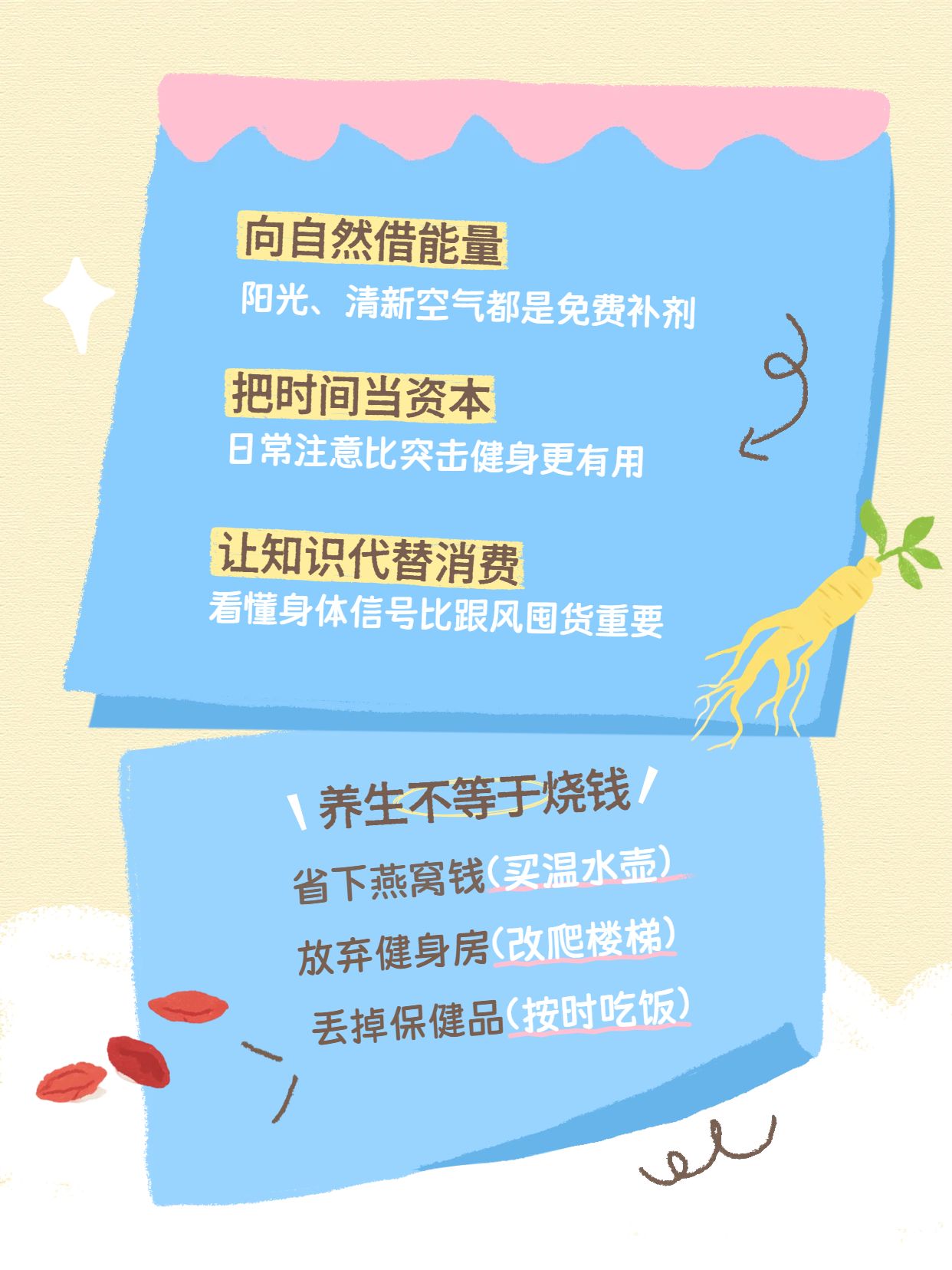 简约卡通风蓝黄色通用类交流分享穷养生法小红书内页