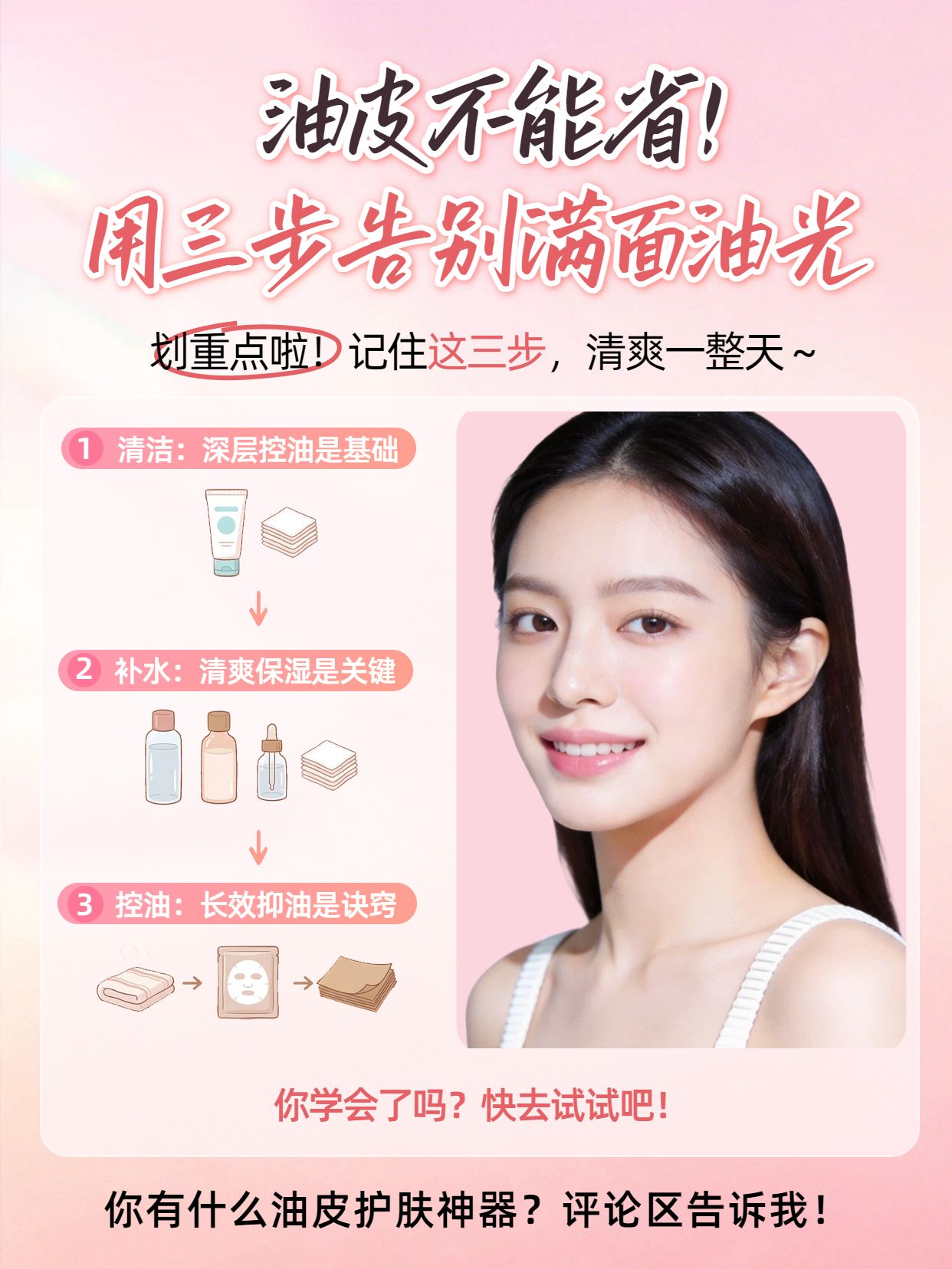 时尚风粉色美妆护肤类交流分享油皮不能省的护肤步骤小红书封面