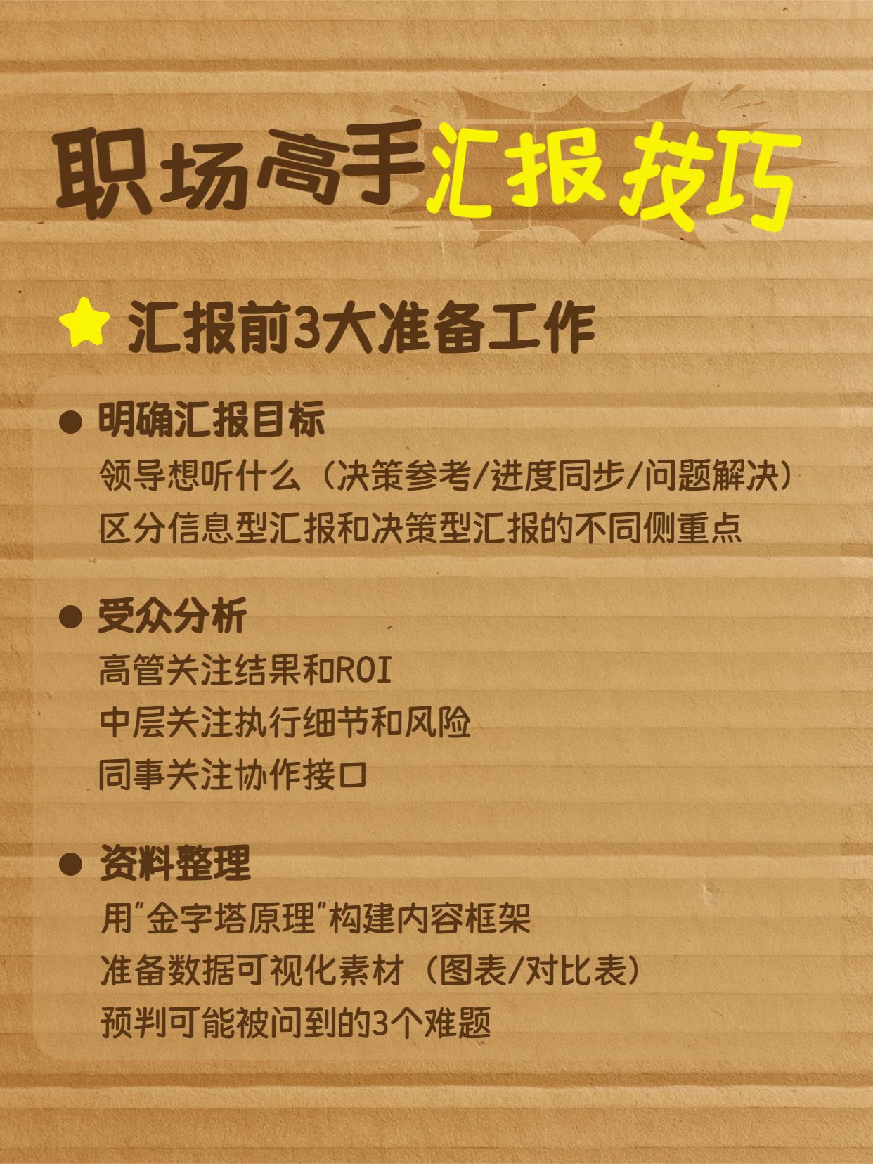 简约实景风黄色通用类交流分享瓦楞纸职场汇报技巧分享小红书内页