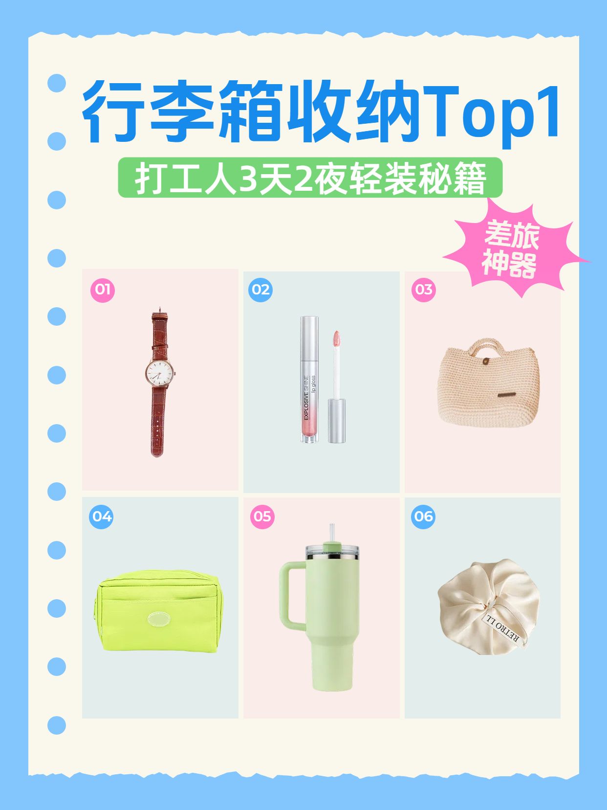 简约时尚风蓝色通用类出行必备好物分享小红书封面